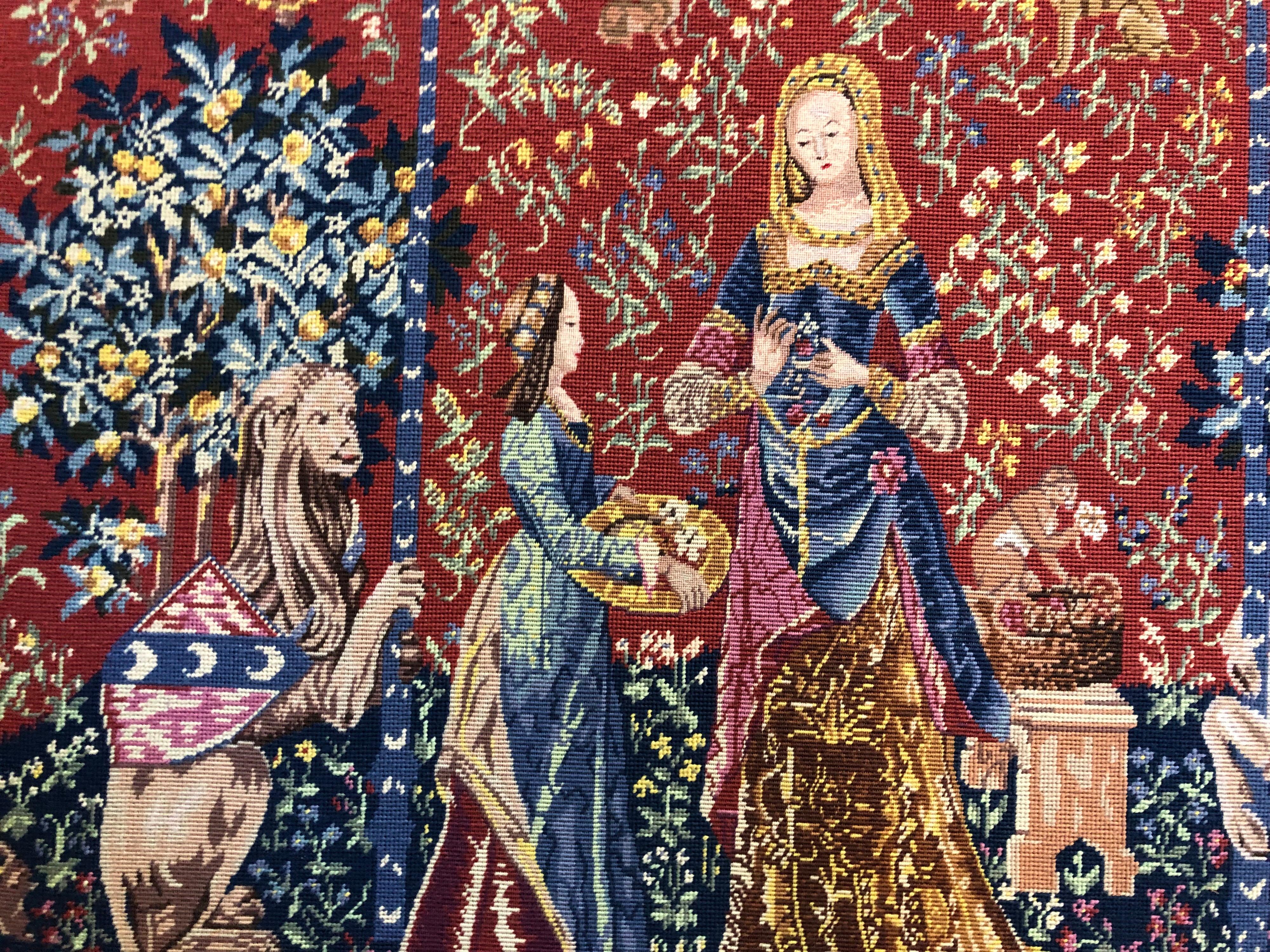 Made in 20th century 

The lady and the Unicorn (French: La Dame à la licorne) is the modern title given to a series of six tapestries woven in Flanders from wool and silk, from designs (