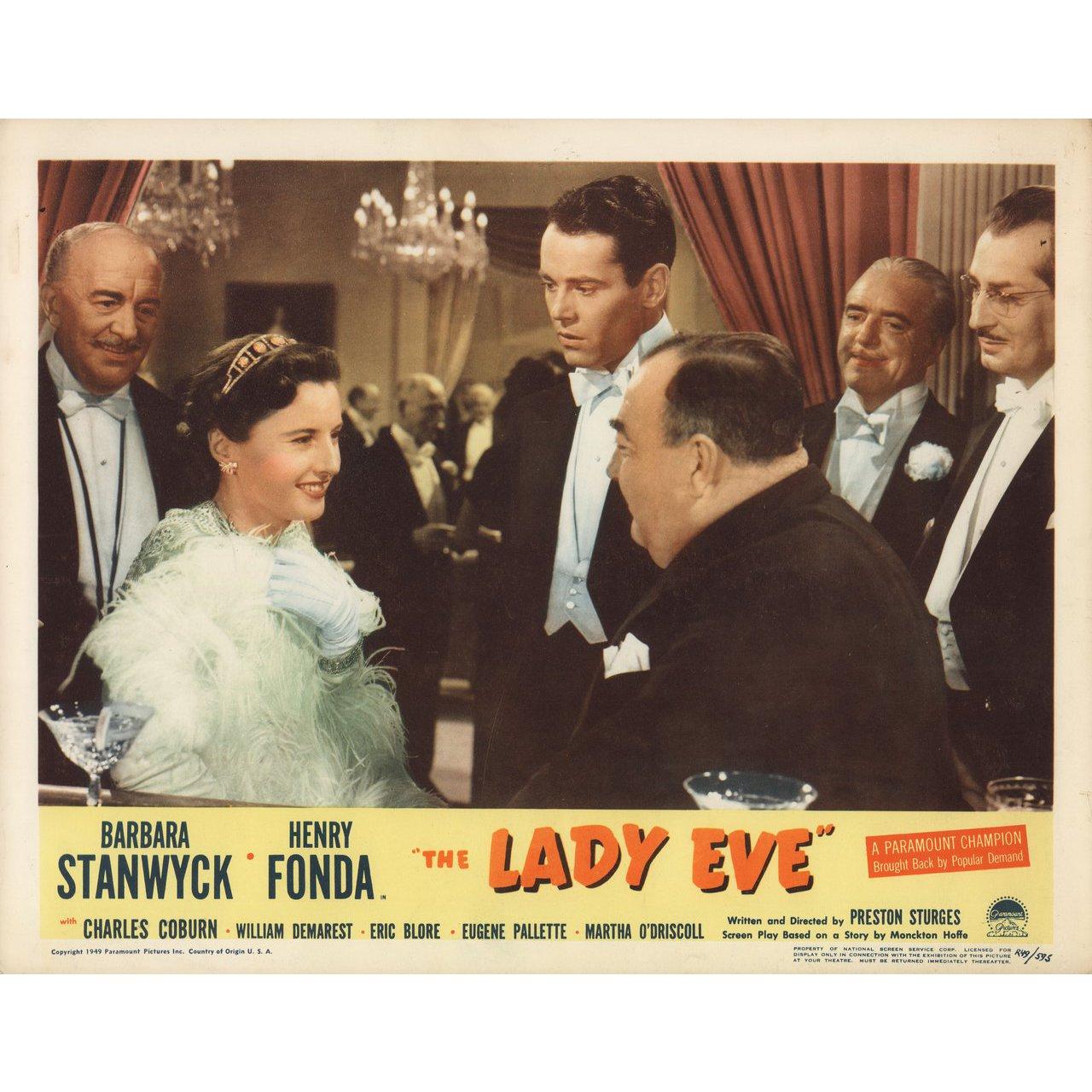 Original 1949 re-release U.S. scene card for the 1941 film The Lady Eve directed by Preston Sturges with Barbara Stanwyck / Henry Fonda / Charles Coburn / Eugene Pallette. Very Good-Fine condition. Please note: the size is stated in inches and the