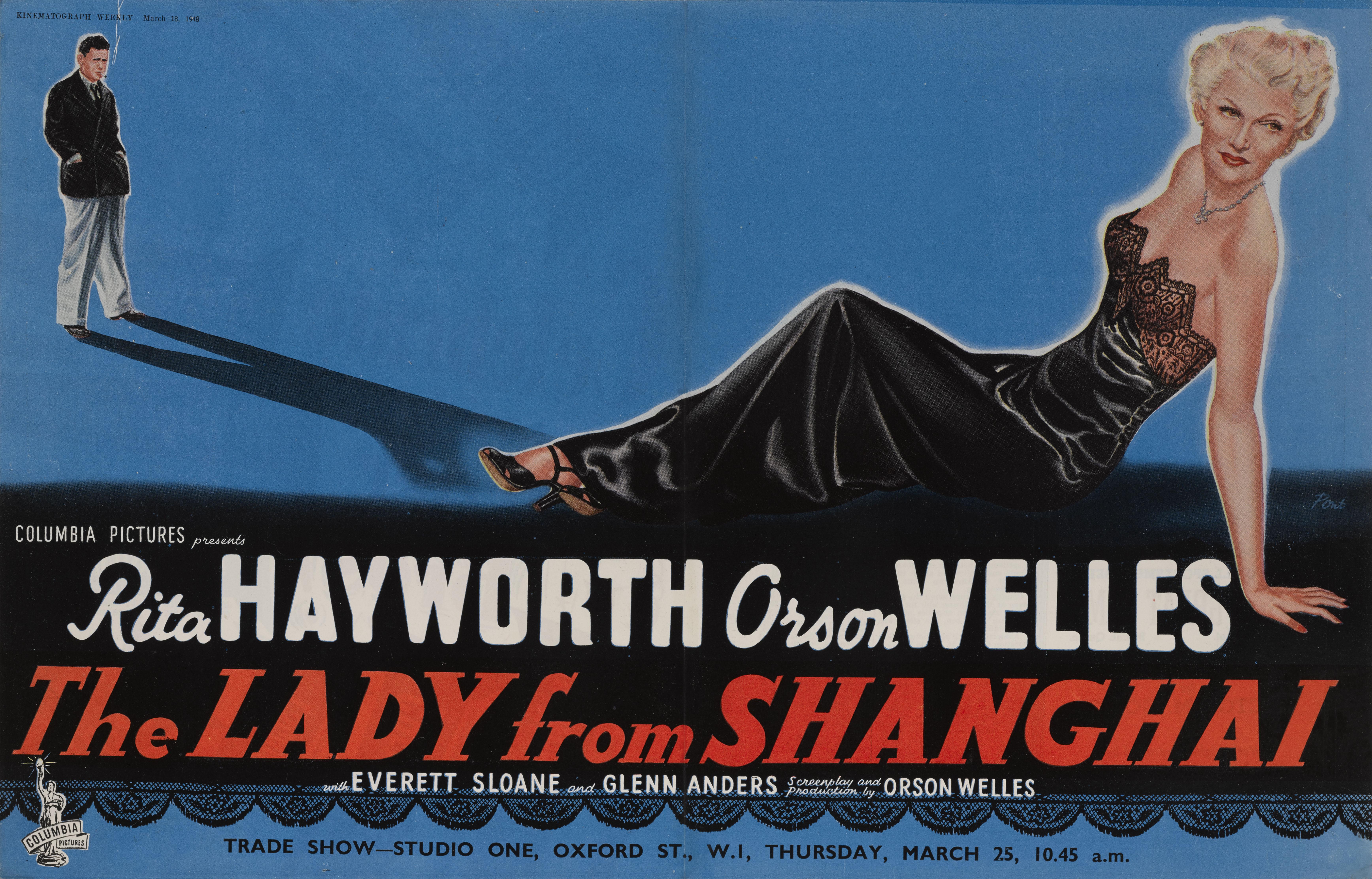 Original-Handelsanzeige aus Kinematograph Weekly 18. März 1948 Dieser Film Noir The Lady from Shanghai spielte Rita Hayworth, Orson Welles und wurde von Orson Welles geleitet.
Das Stück ist in ausgezeichnetem Zustand, die Farben sind sehr