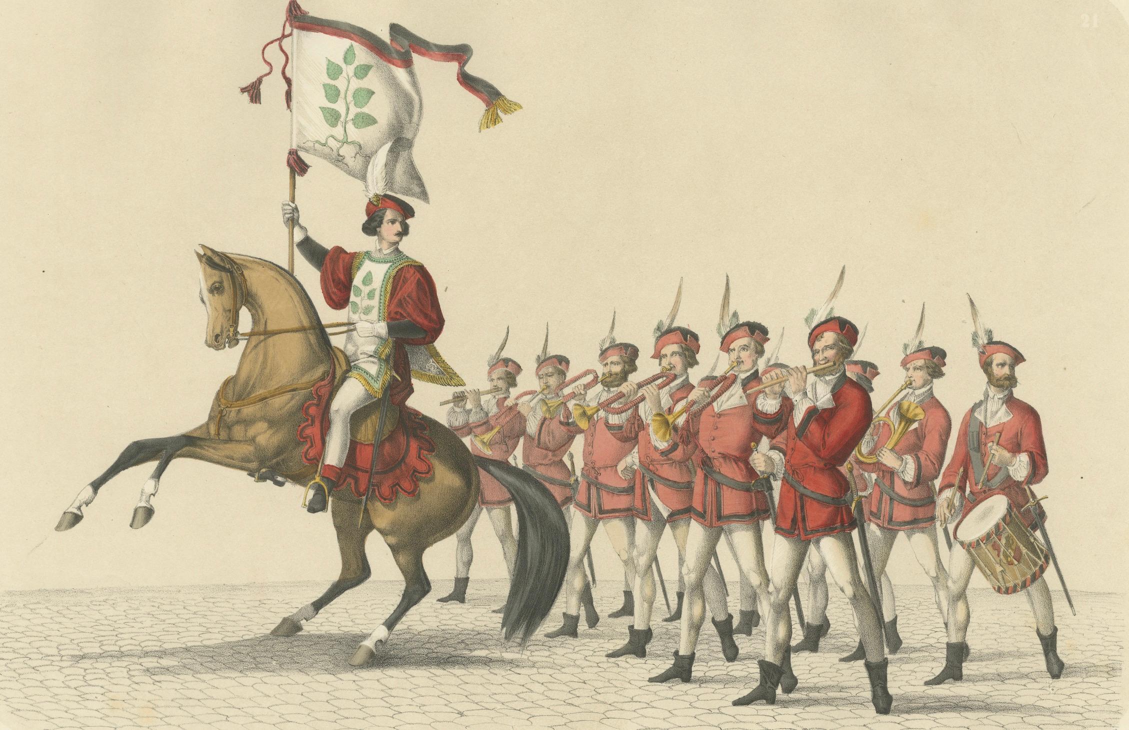 The Lance Bearer and Musicians: A Grand Swiss Procession in Bern, 19. Jahrhundert (Papier) im Angebot