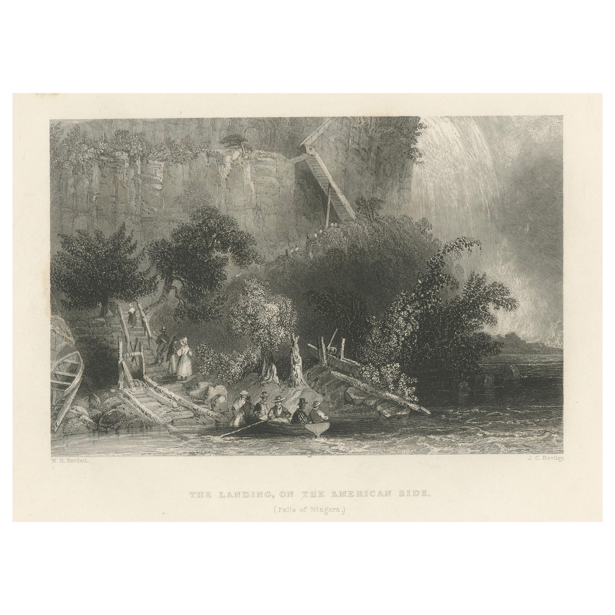 El Desembarco en el Lado Americano, Cataratas del Niágara - Grabado antiguo, ca.1850