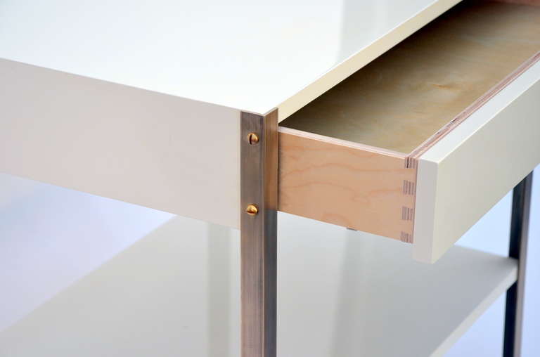 Polished The 'Laque' Ivory Lacquer and Brass Night Stands by Design Frères For Sale