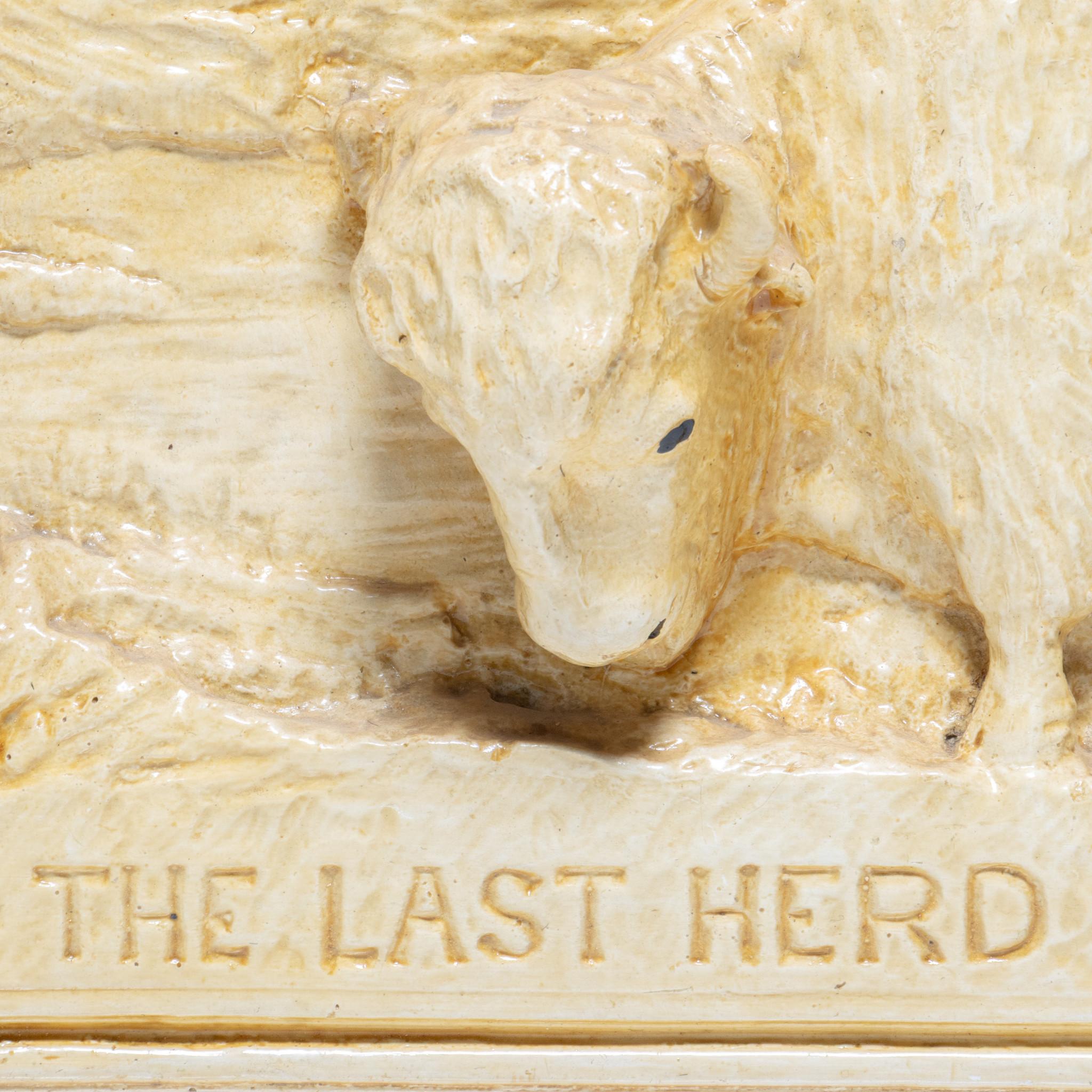 1921 chalkware signed J.E. Wallace, copyright May 10, 1921. This one came from a small private museum in Nebraska. May have been original work for a bronze, but neither we nor anyone else has seen another. Portrays herd of buffalo standing in valley