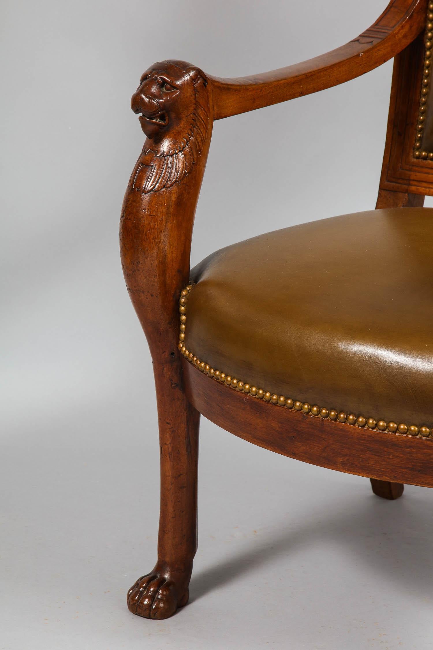 Rare and important carved mahogany Empire Period armchair attributed to Jacob Desmalter, France circa 1800, of neoclassical form inspired by the design of Percier et Fontaine, architects to the Emperor Napoleon Bonaparte, the armrests beautifully
