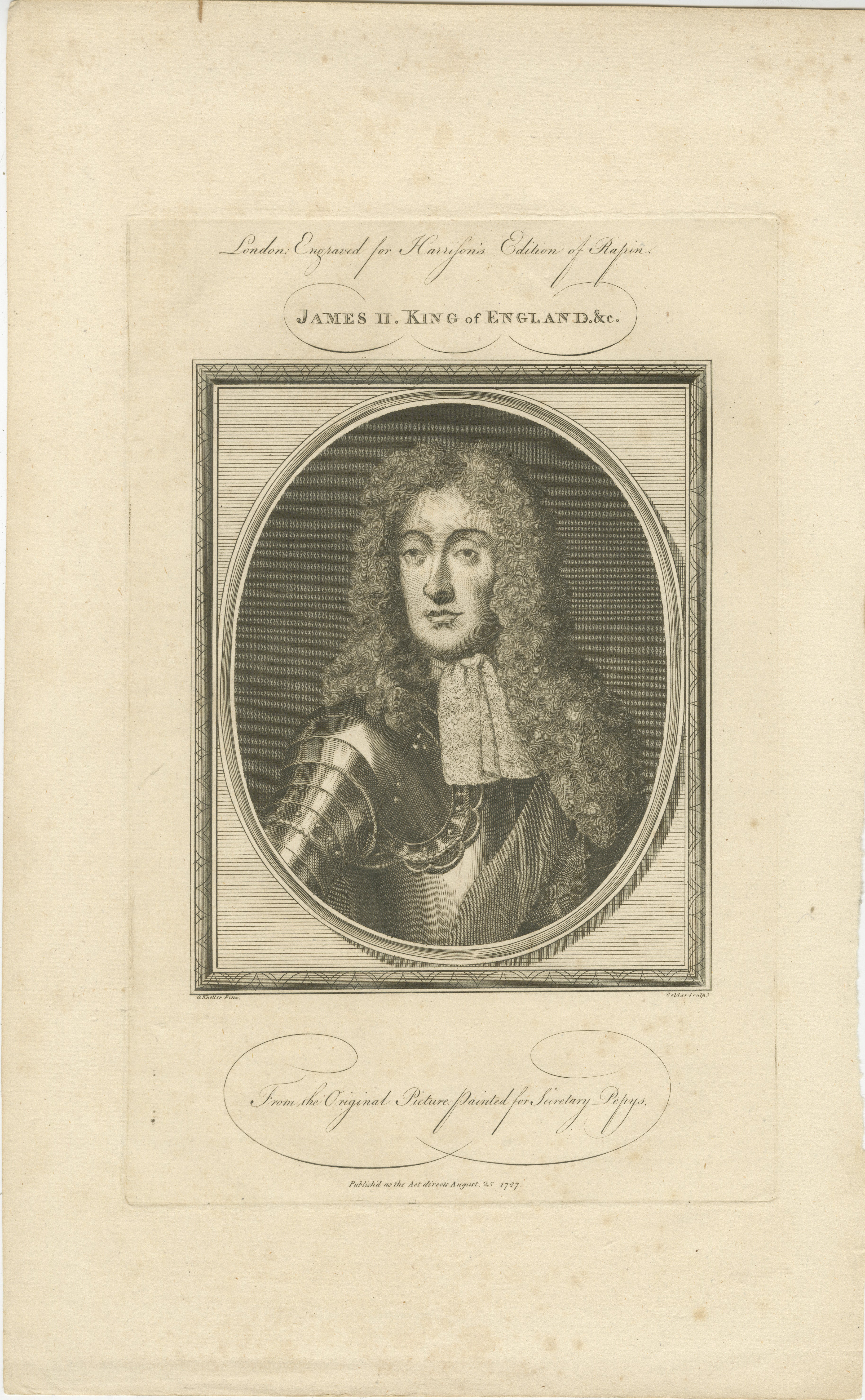 An original engraved portrait of James II, King of England. 

The style of the engraving and the attire of the individual are consistent with late 17th-century fashion, aligning with James II's reign from 1685 to 1688. 

The text beneath the image