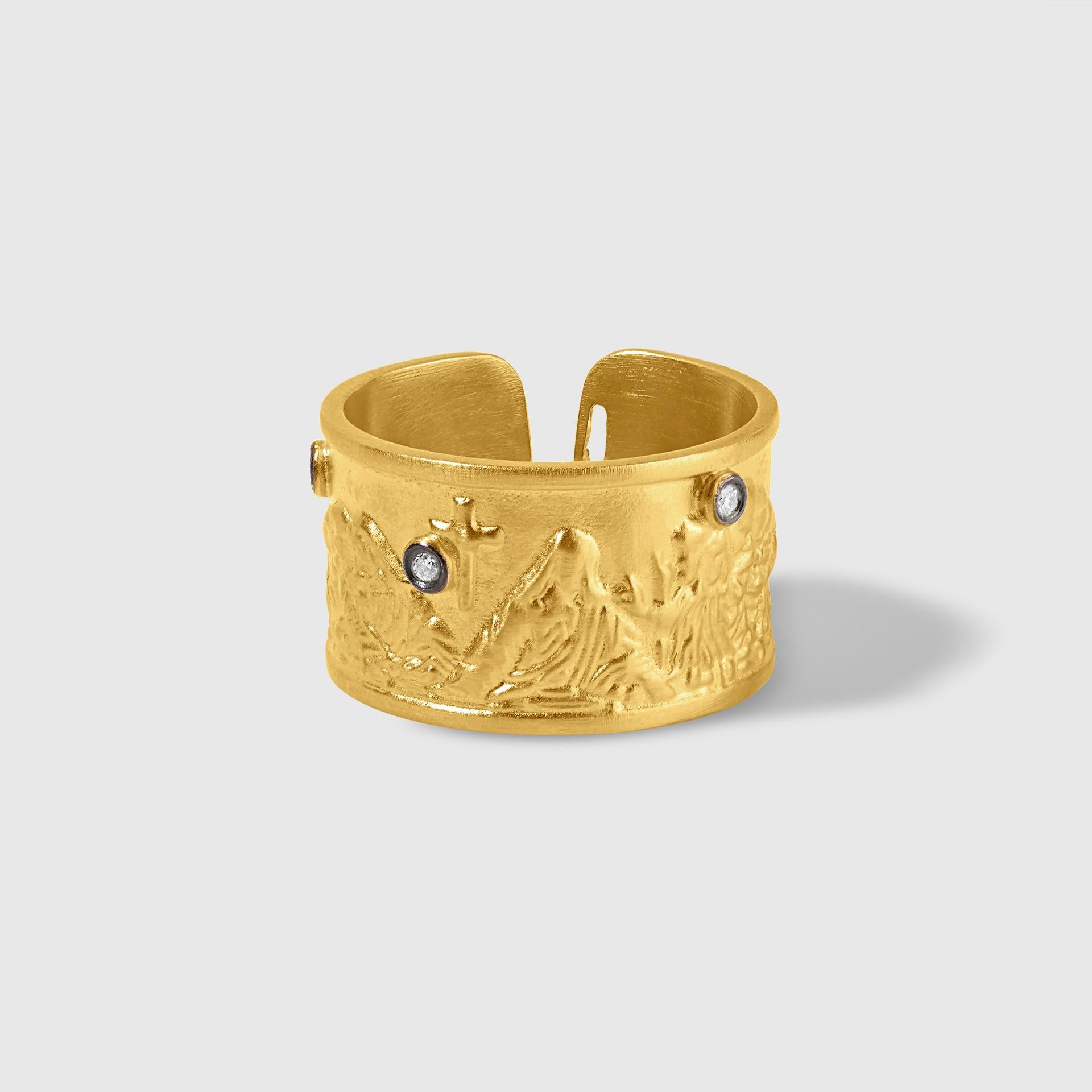 Last Supper Ring with Diamonds 24 Karat Yellow Gold and Silver by