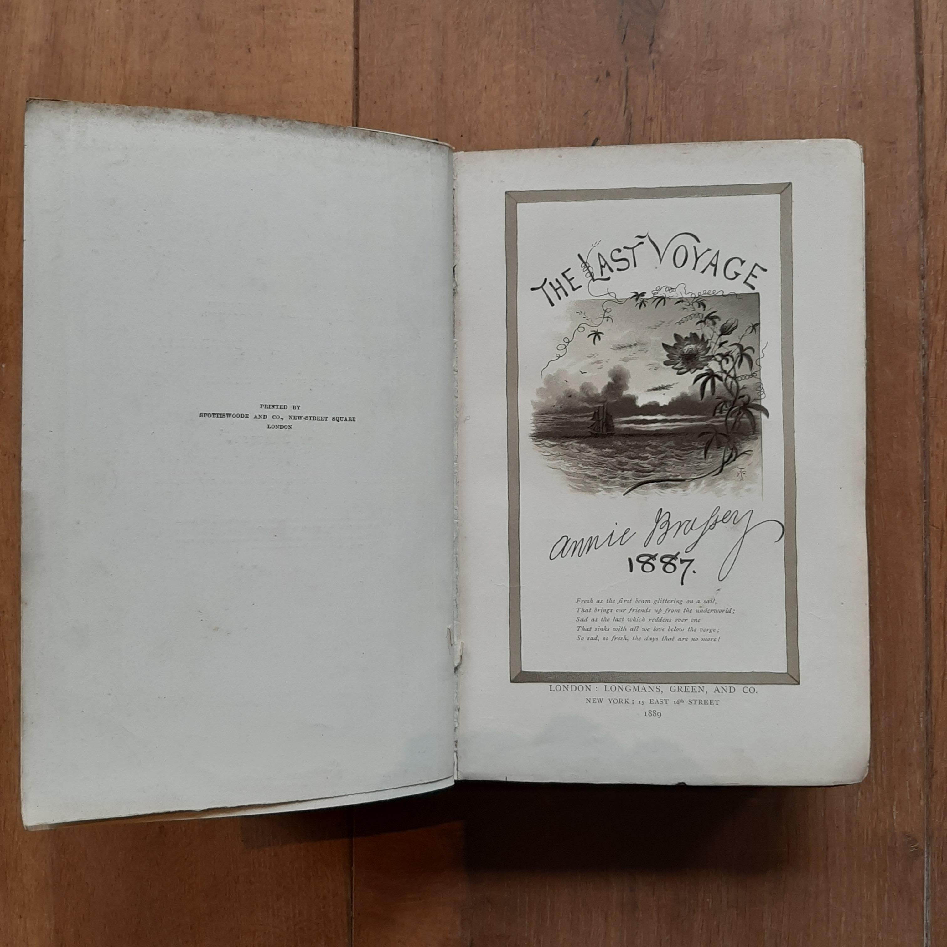 'The Last Voyage, to India and Australia, in the Sunbeam' by the late Lady Brassey. Illustrated by R.T. Pritchett and from photographs. Published 1889. Hardboard cover in original blue cloth. Library sticker on front. Sl. bumped corners. Cover shows