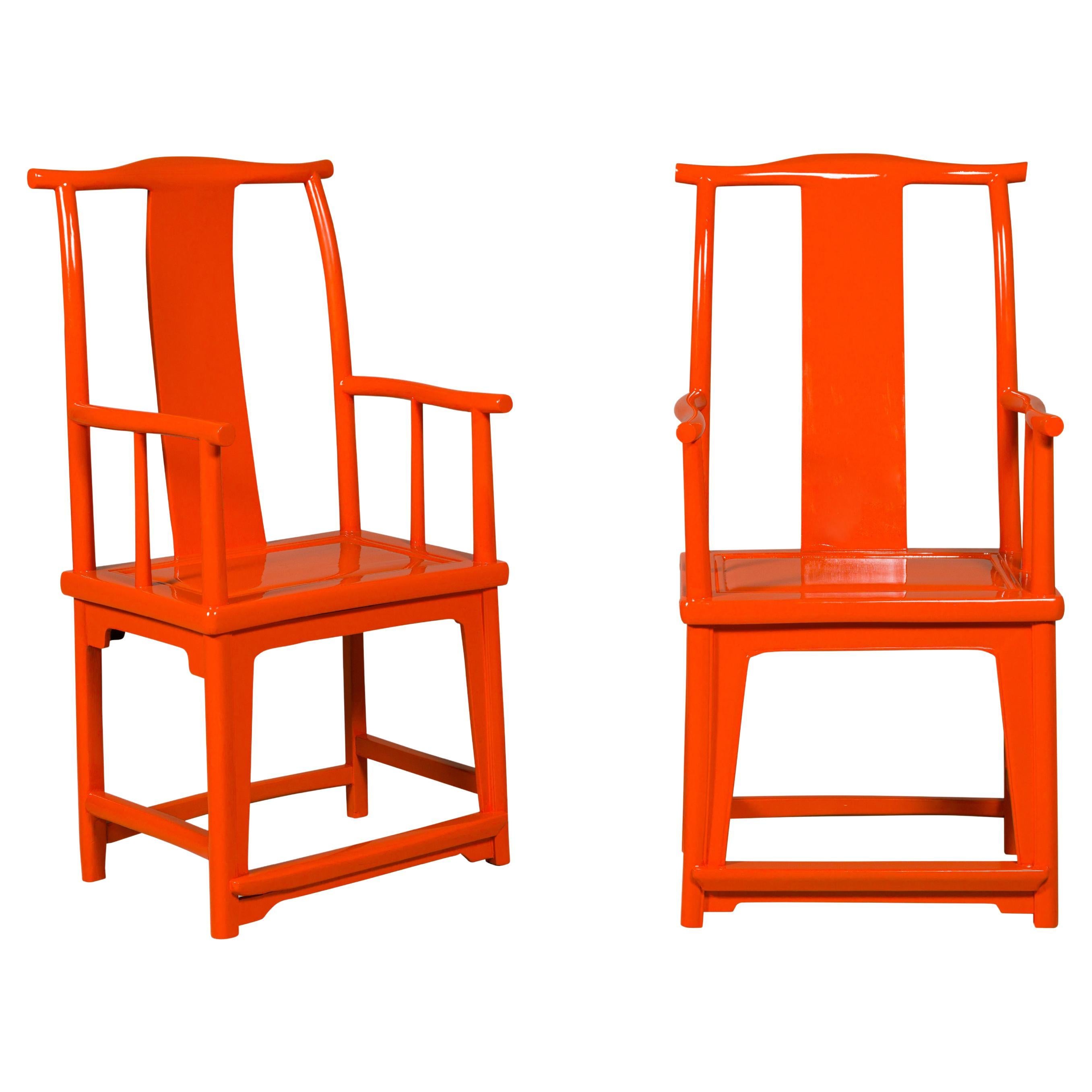 "The Lava Chair", Yoke Back Armchairs with Custom Deep Orange Lacquer, a Pair For Sale