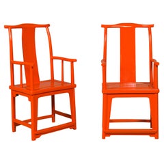 "The Lava Chair", Yoke Back Armchairs with Custom Deep Orange Lacquer, a Pair