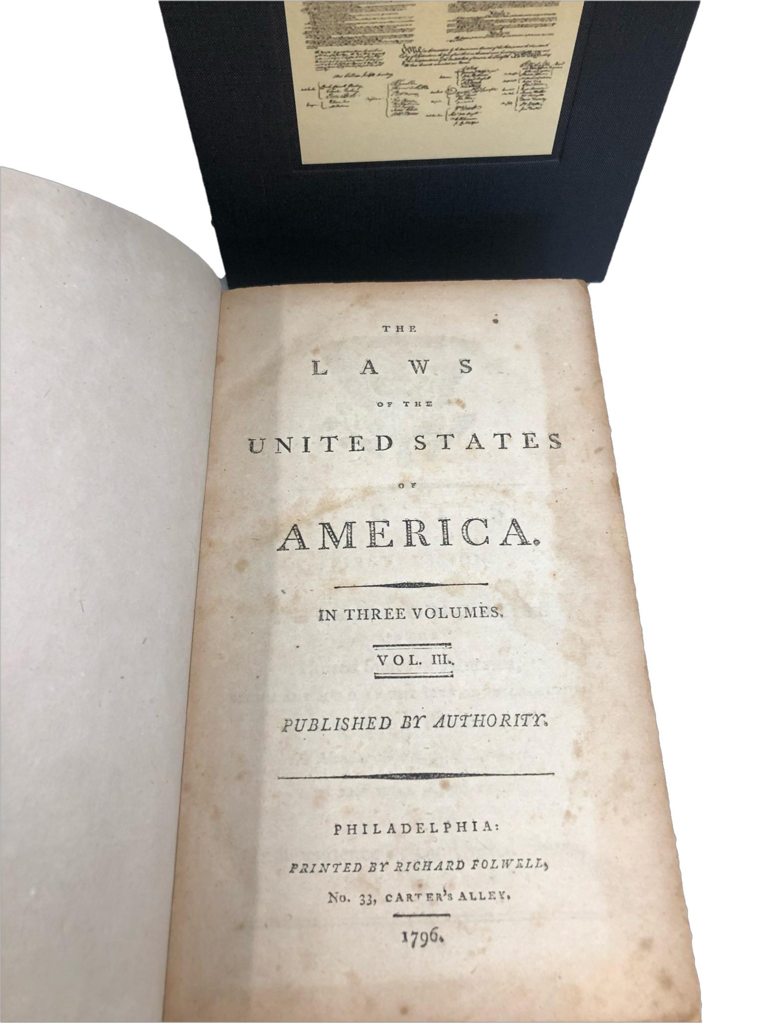 The Laws of the United States of America, First Edition, 3 Vol. Set, 1796-7 3