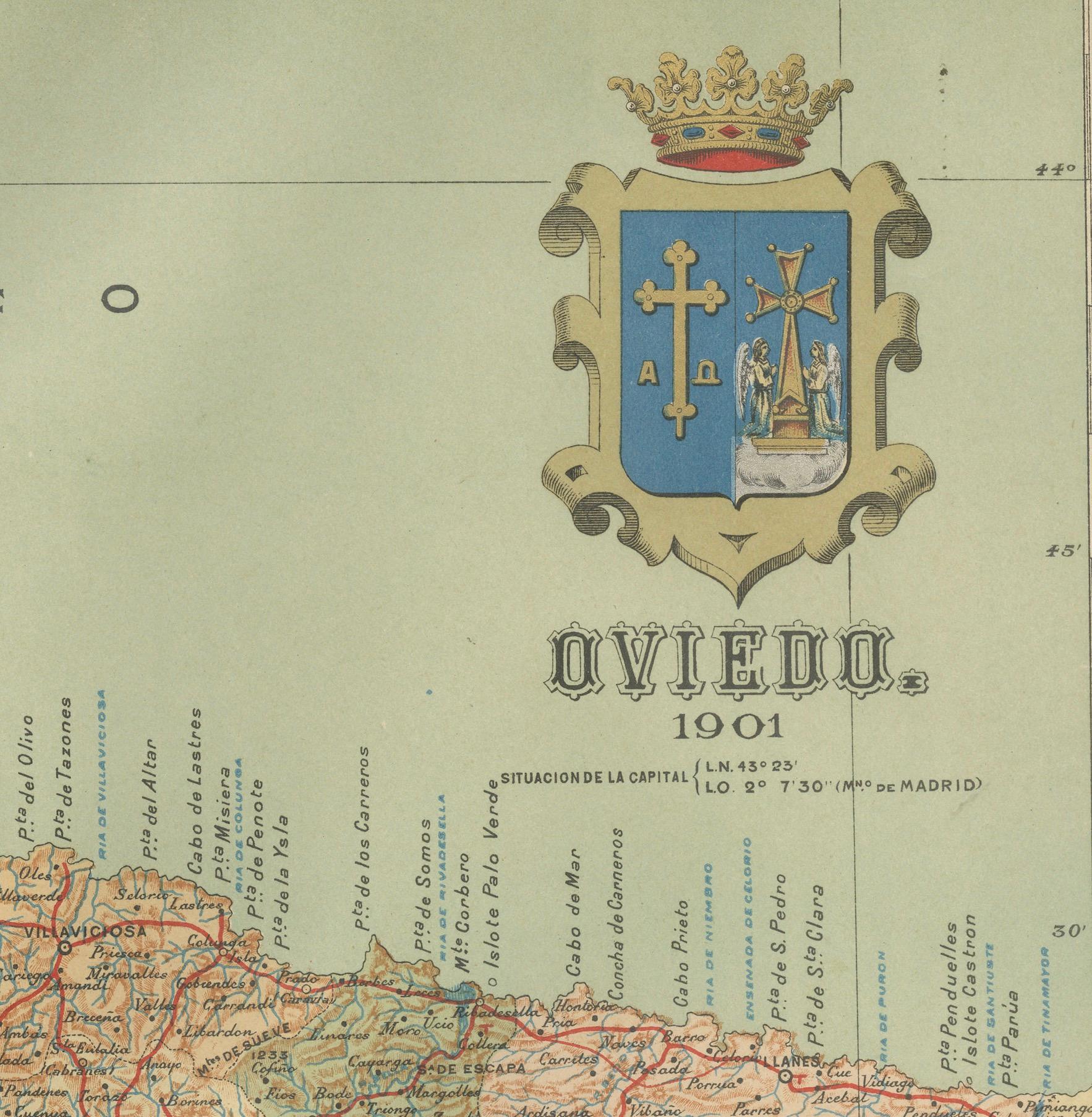 Paper The Lay of the Land: A 1901 Topographic Map of Oviedo, Asturias For Sale