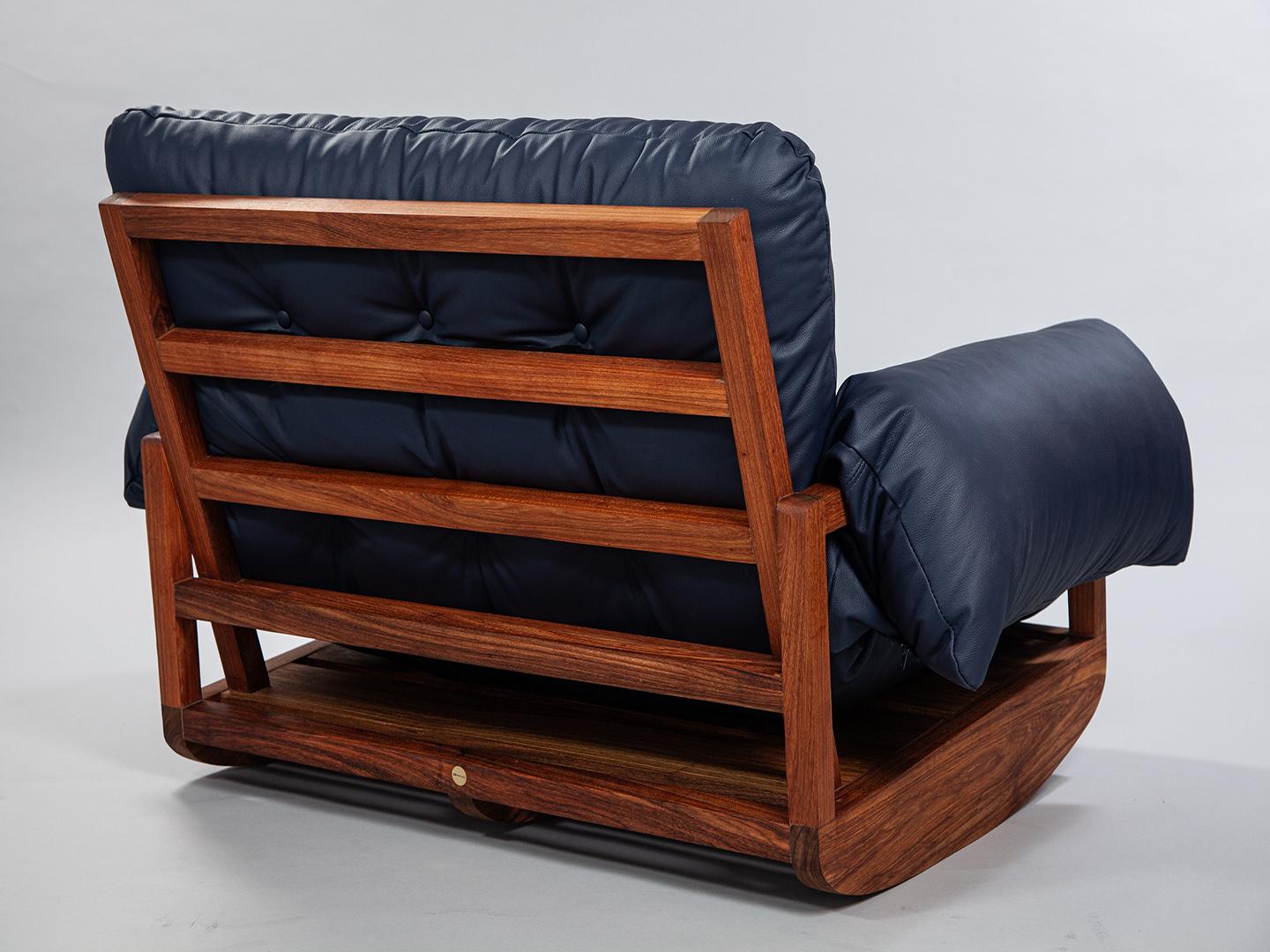 The Laziness Armchair in Brazilian Solid Wood and Leather with rocking footstool For Sale 4
