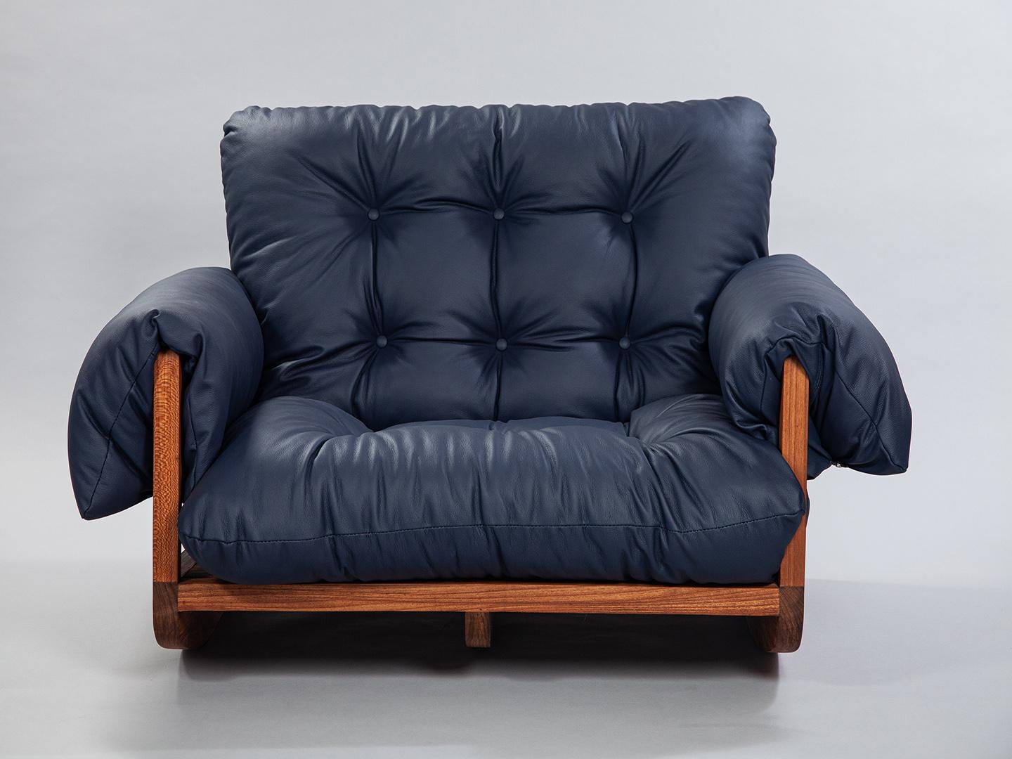 Hand-Crafted The Laziness Armchair in Brazilian Solid Wood and Leather with rocking footstool For Sale