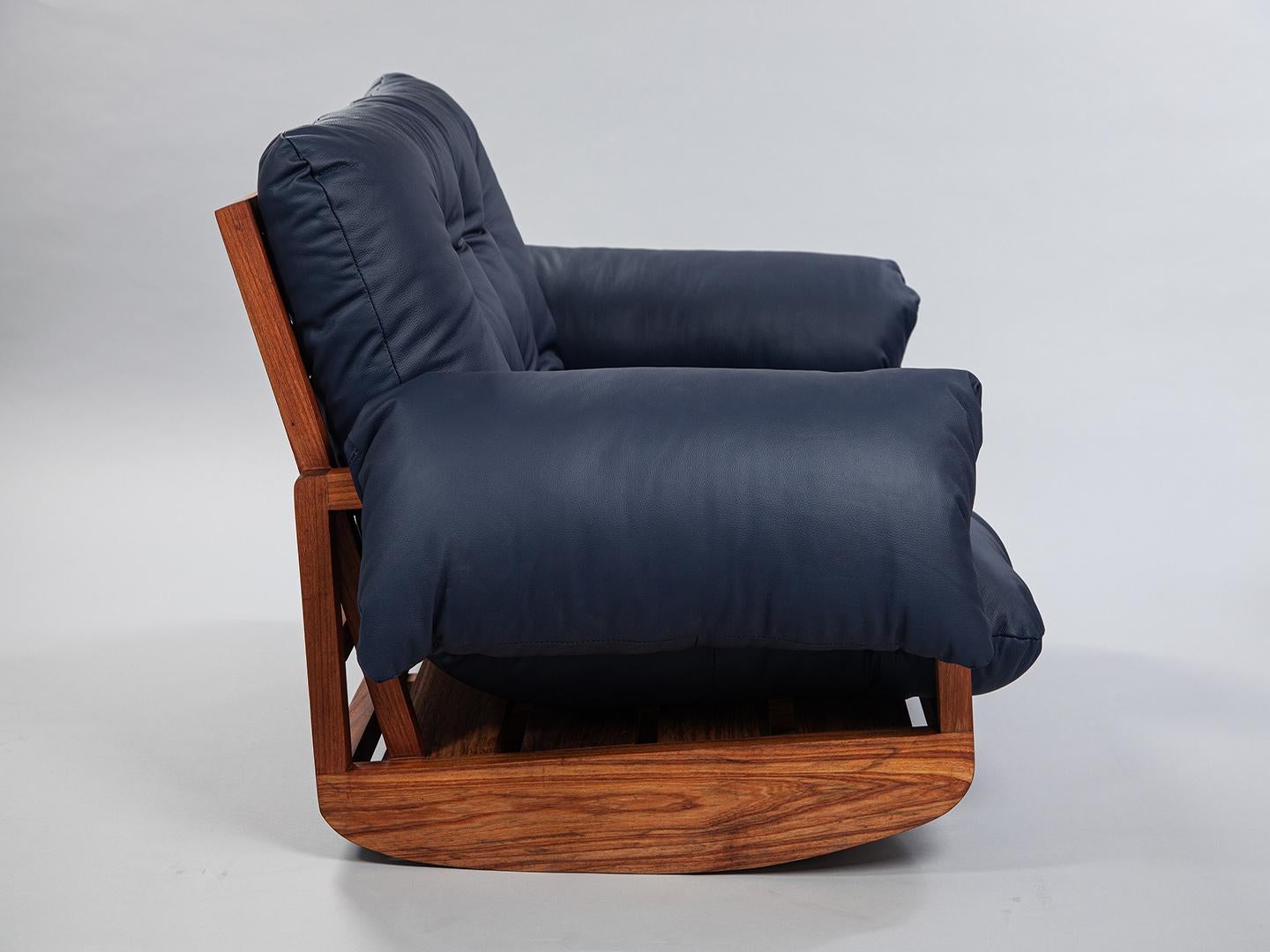 The Laziness Armchair in Brazilian Solid Wood and Leather with rocking footstool For Sale 2