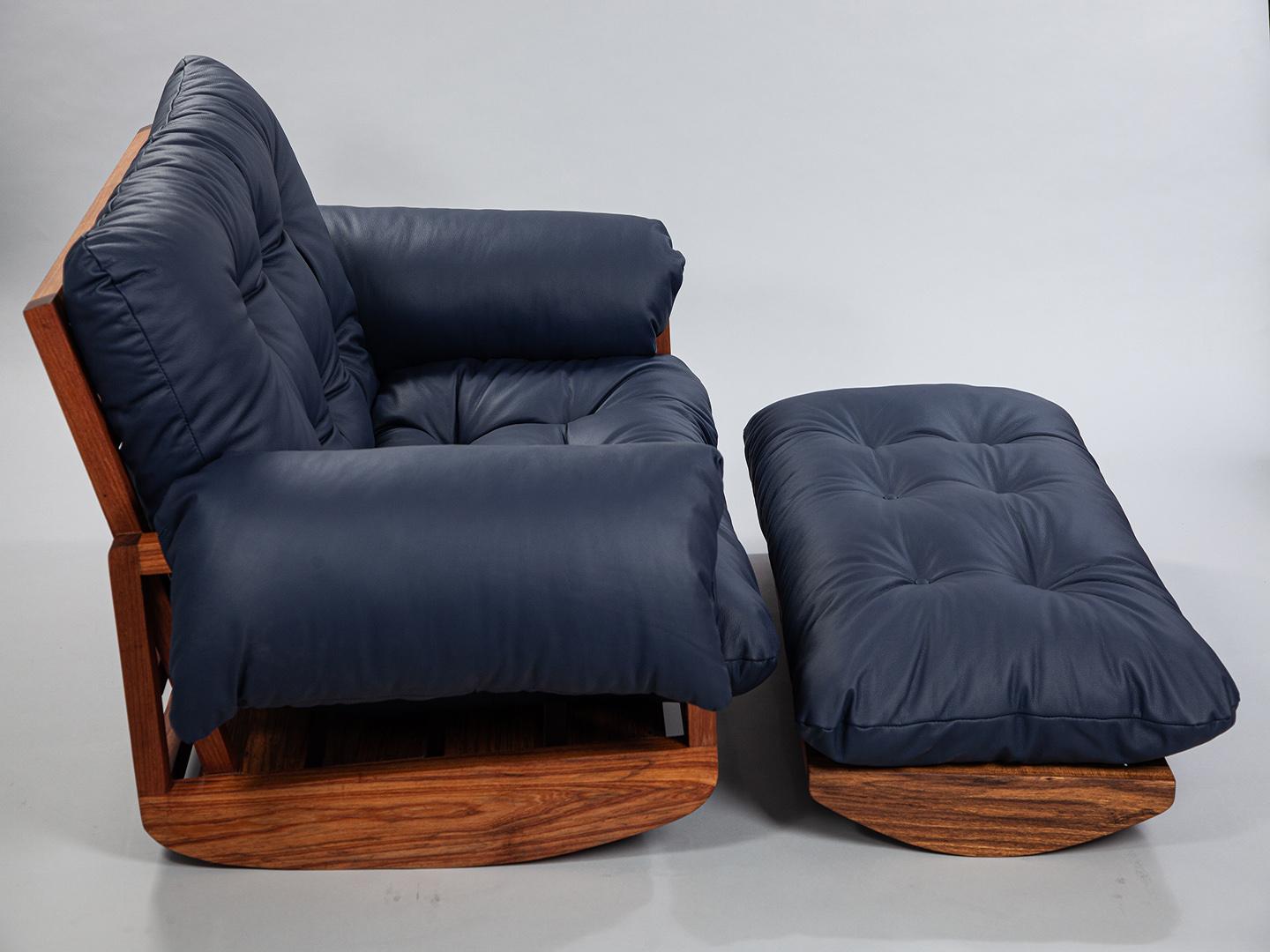 The Laziness Armchair in Brazilian Solid Wood and Leather with rocking footstool For Sale 3