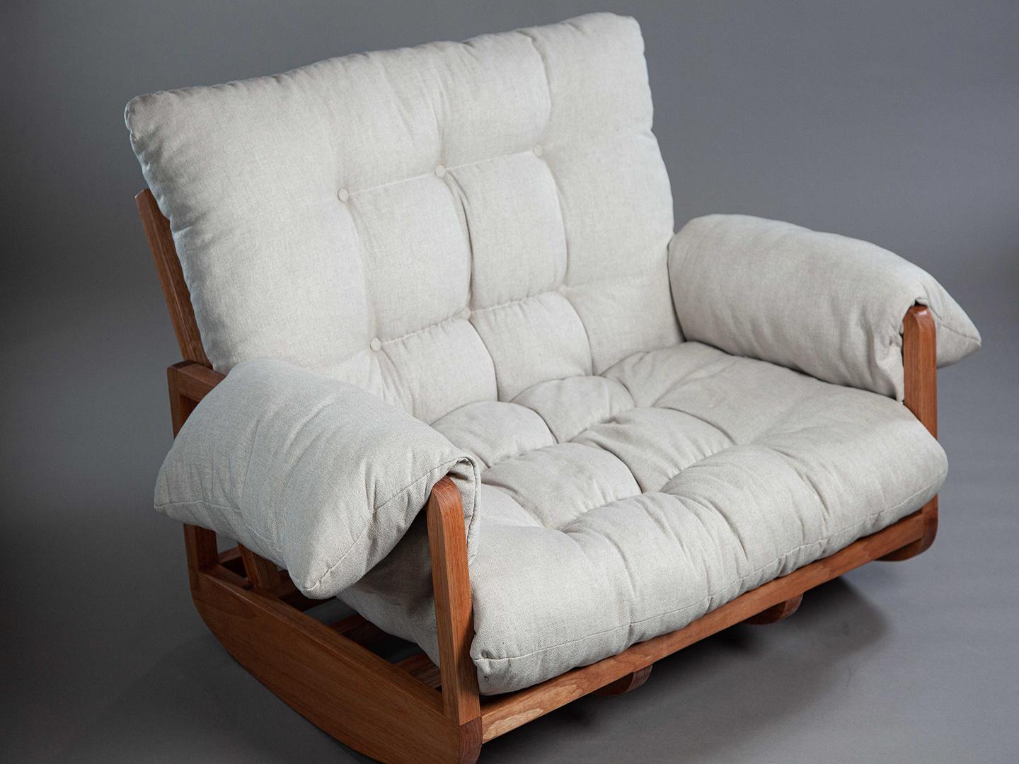 Brazilian The Laziness Armchair. Rocking sofa in solid wood, upholstered in linen. For Sale