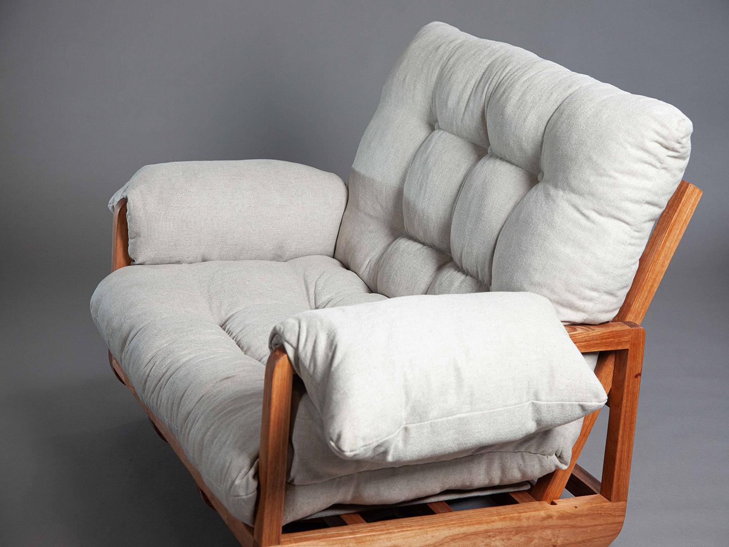 Hand-Crafted The Laziness Armchair. Rocking sofa in solid wood, upholstered in linen. For Sale