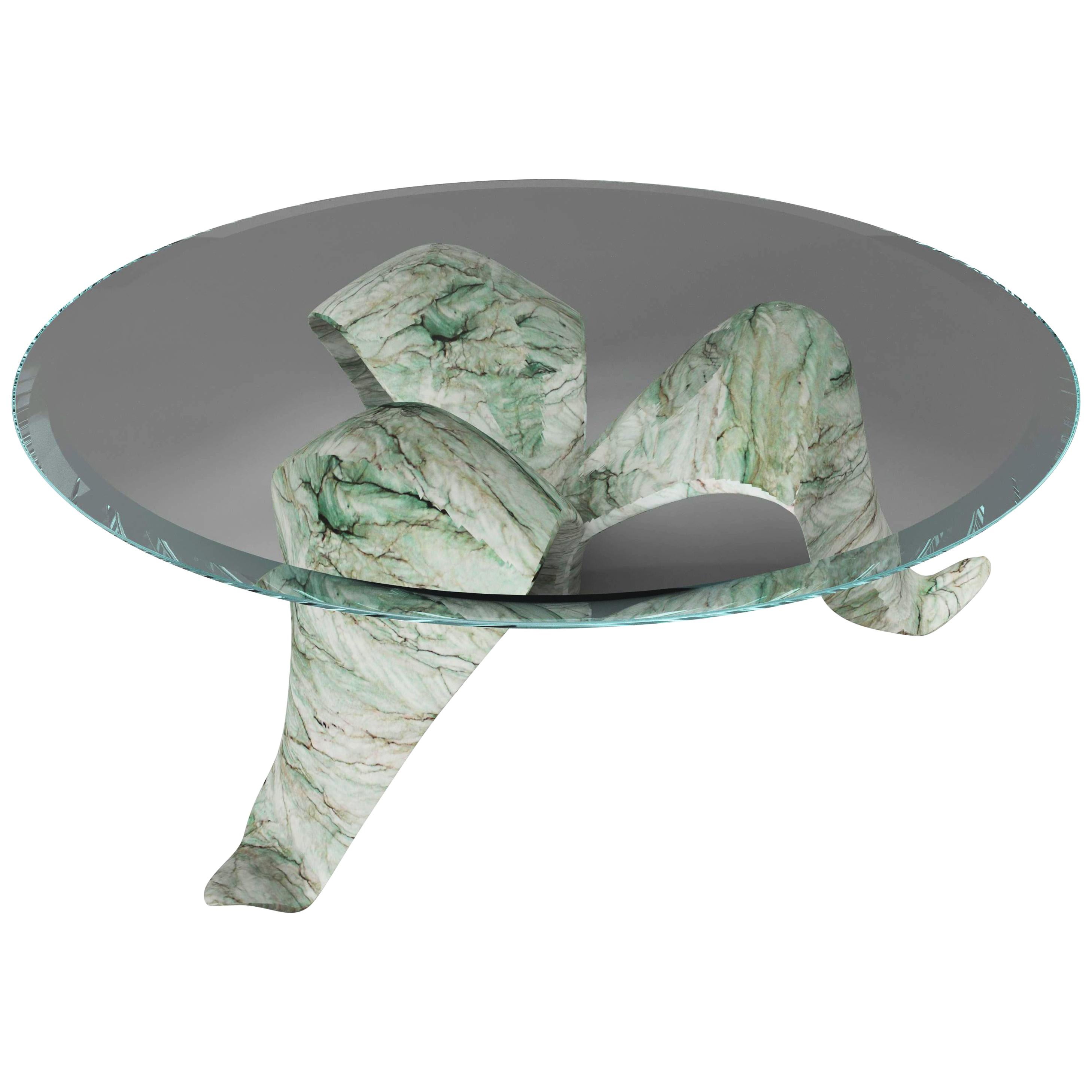 "The Diamond Leaf" Center Table ft. Sculptured Green Marble and Glass