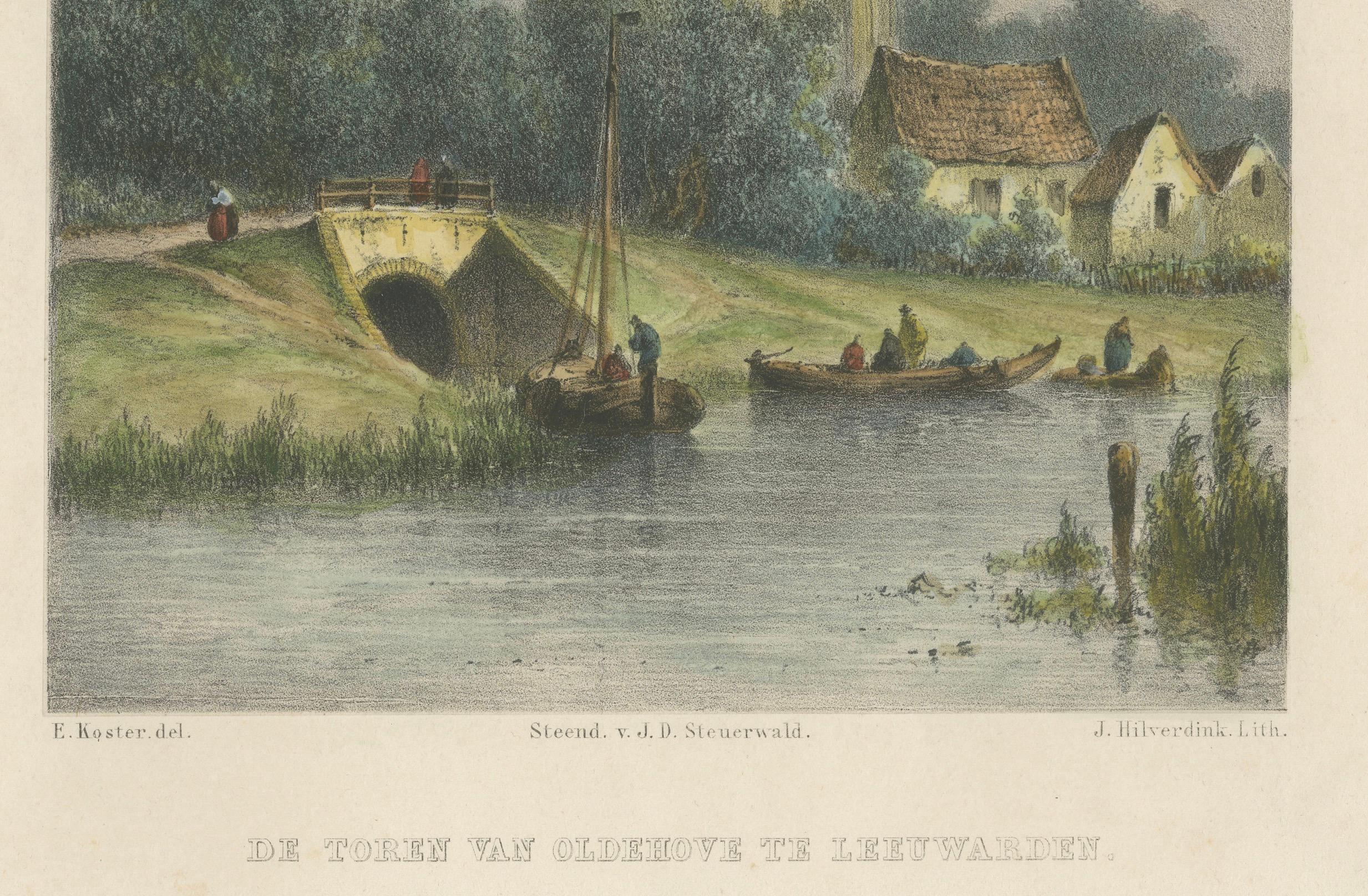 Oldehove in Leeuwarden par Johannes Hilverdink d'après Everhardus Koster, 1858  

Cette lithographie de 1858, coloriée à la main par Johannes Hilverdink, d'après l'œuvre d'Everhardus Koster, représente magnifiquement l'emblématique tour d'Oldehove à