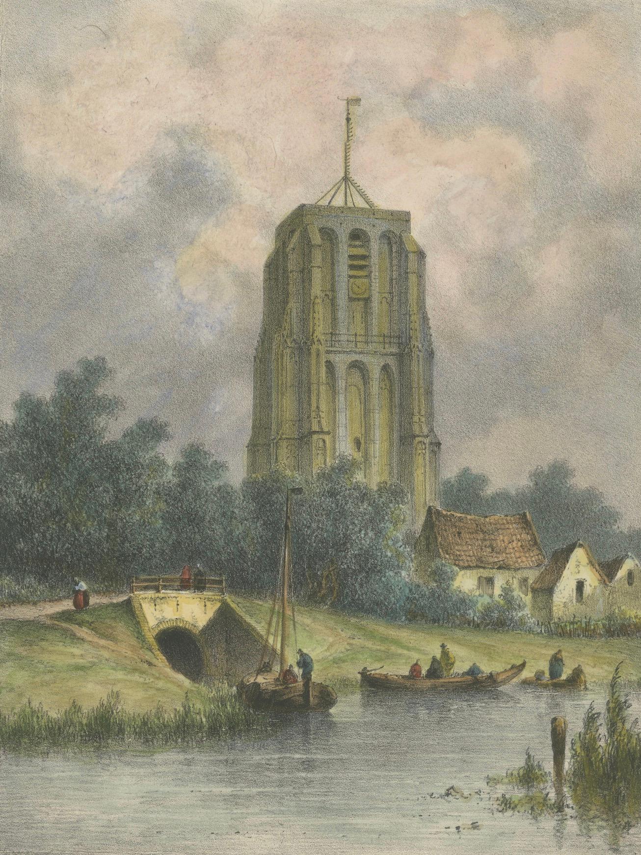 Gravé The Leaning Tower of Leeuwarden - Lithographie de Hilverdink à Oldehove, 1858 en vente