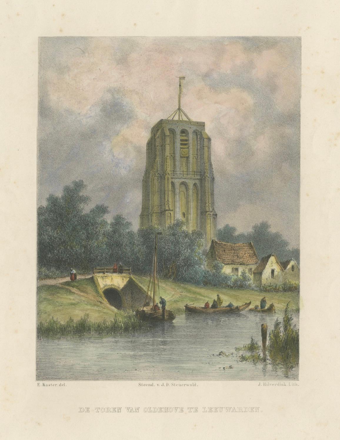 The Leaning Tower of Leeuwarden - Lithographie de Hilverdink à Oldehove, 1858 Bon état - En vente à Langweer, NL