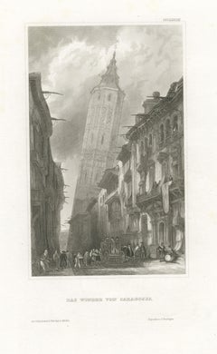 The Leaning Tower of Zaragoza, Antique Spanish Street View, circa 1850