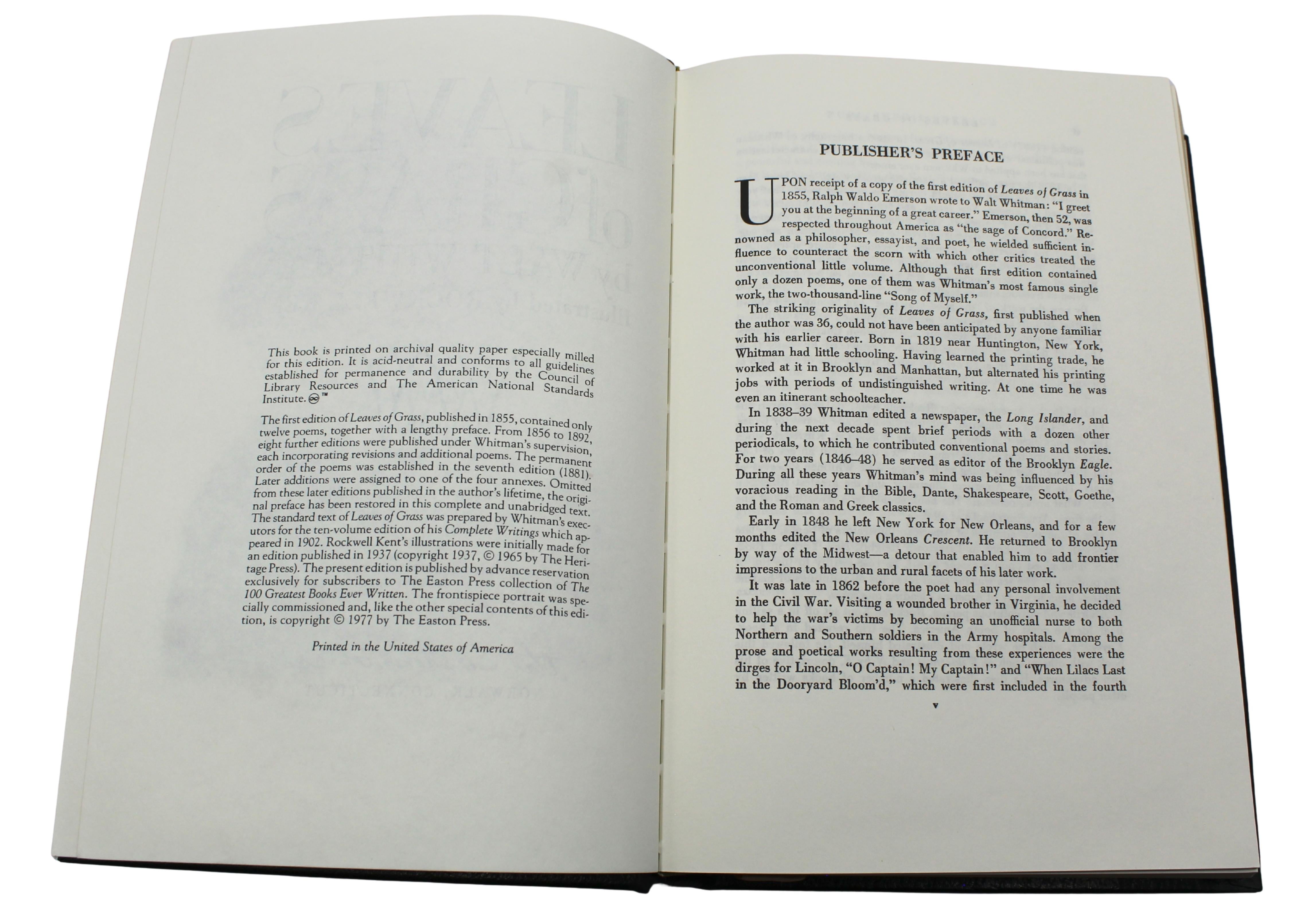 Las Hojas de Hierba de Walt Whitman, Ilustrado por Rockwell Kent, Easton Press en Bueno estado para la venta en Colorado Springs, CO