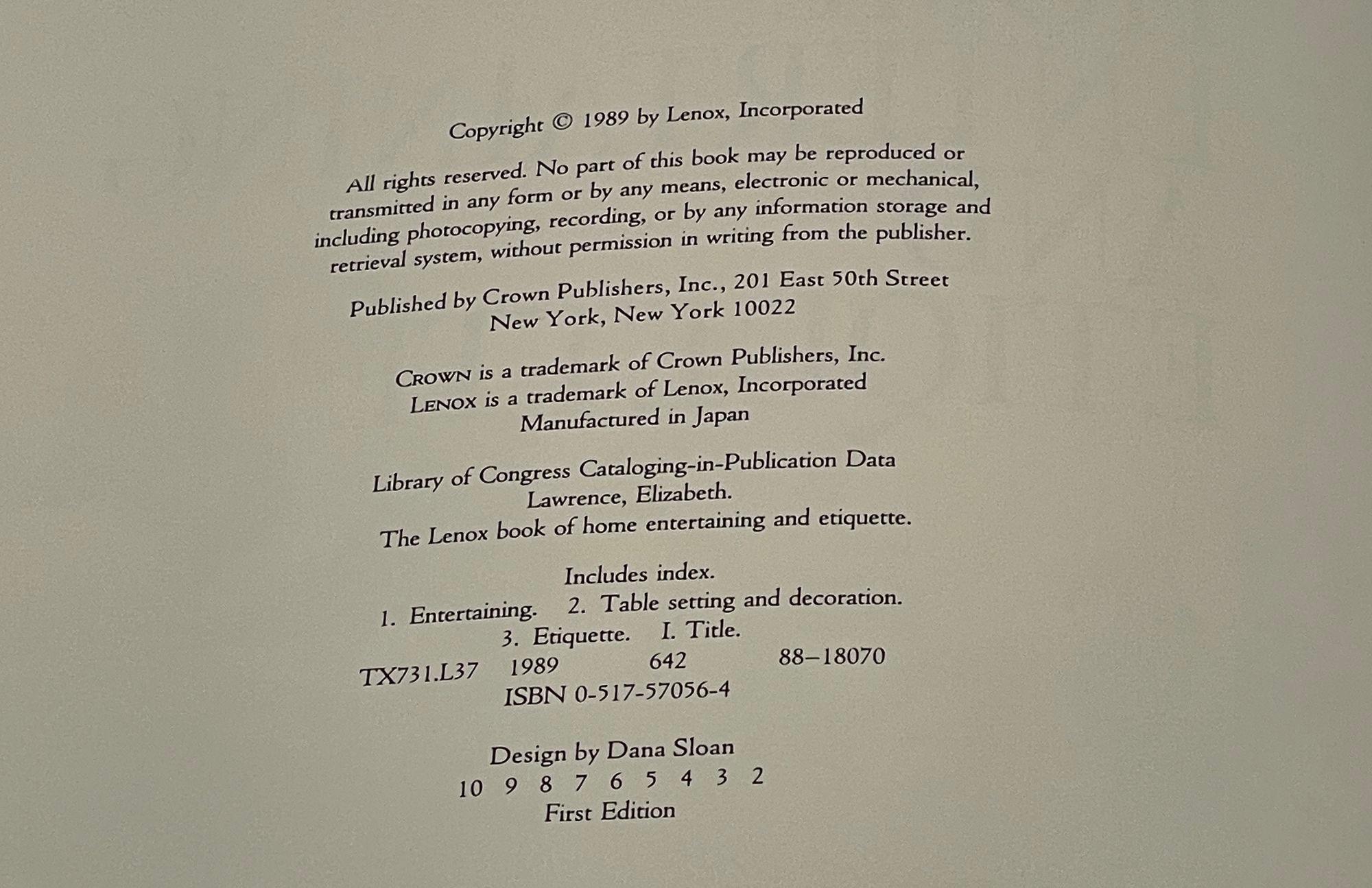 Paper The Lenox Book of Home Entertaining & Etiquette Hardcover Elizabeth K. Lawrence For Sale