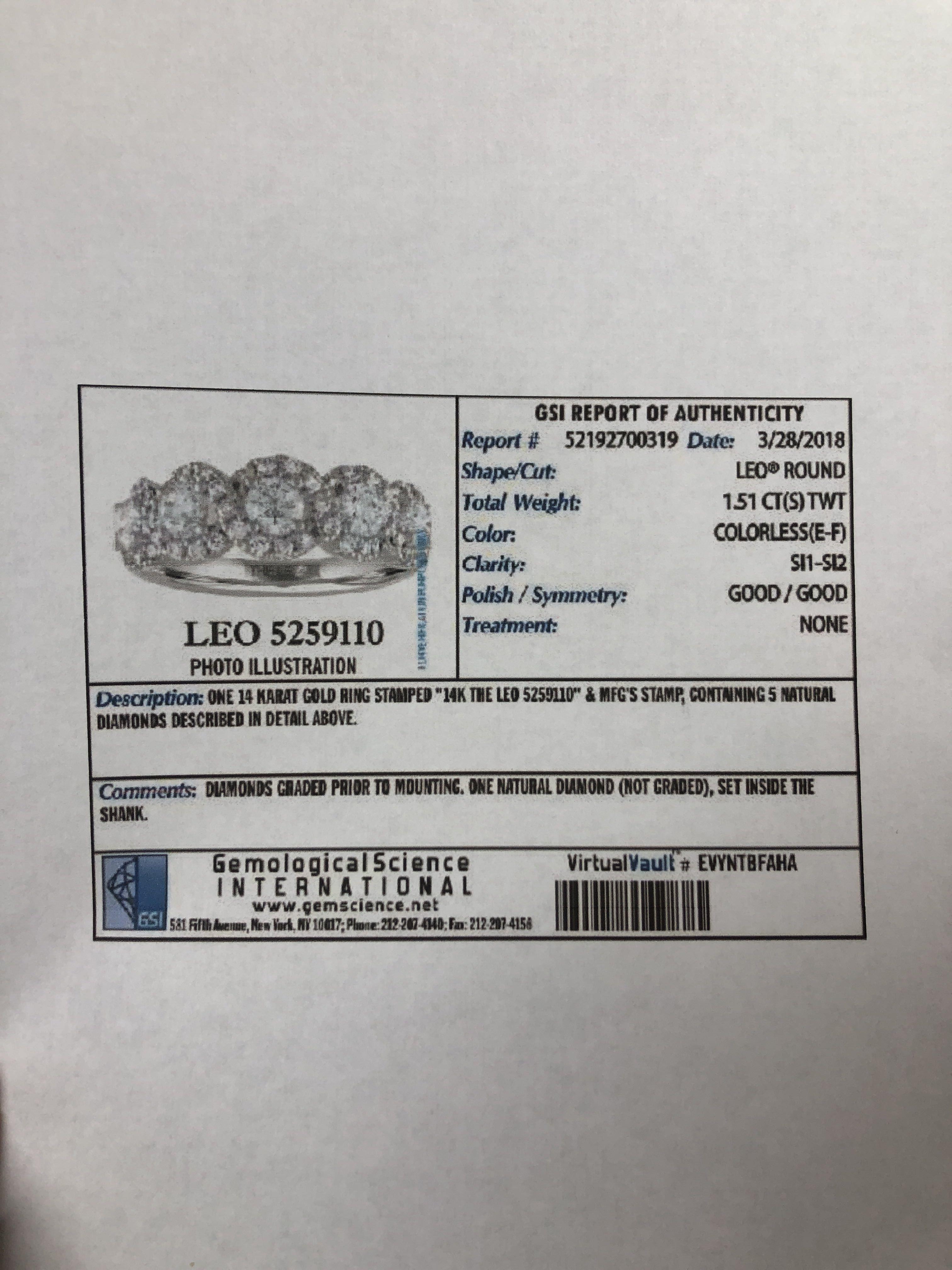Leo Diamond 1.51 Carat Five-Stone Diamond Halo Wedding Band Size GSI 3