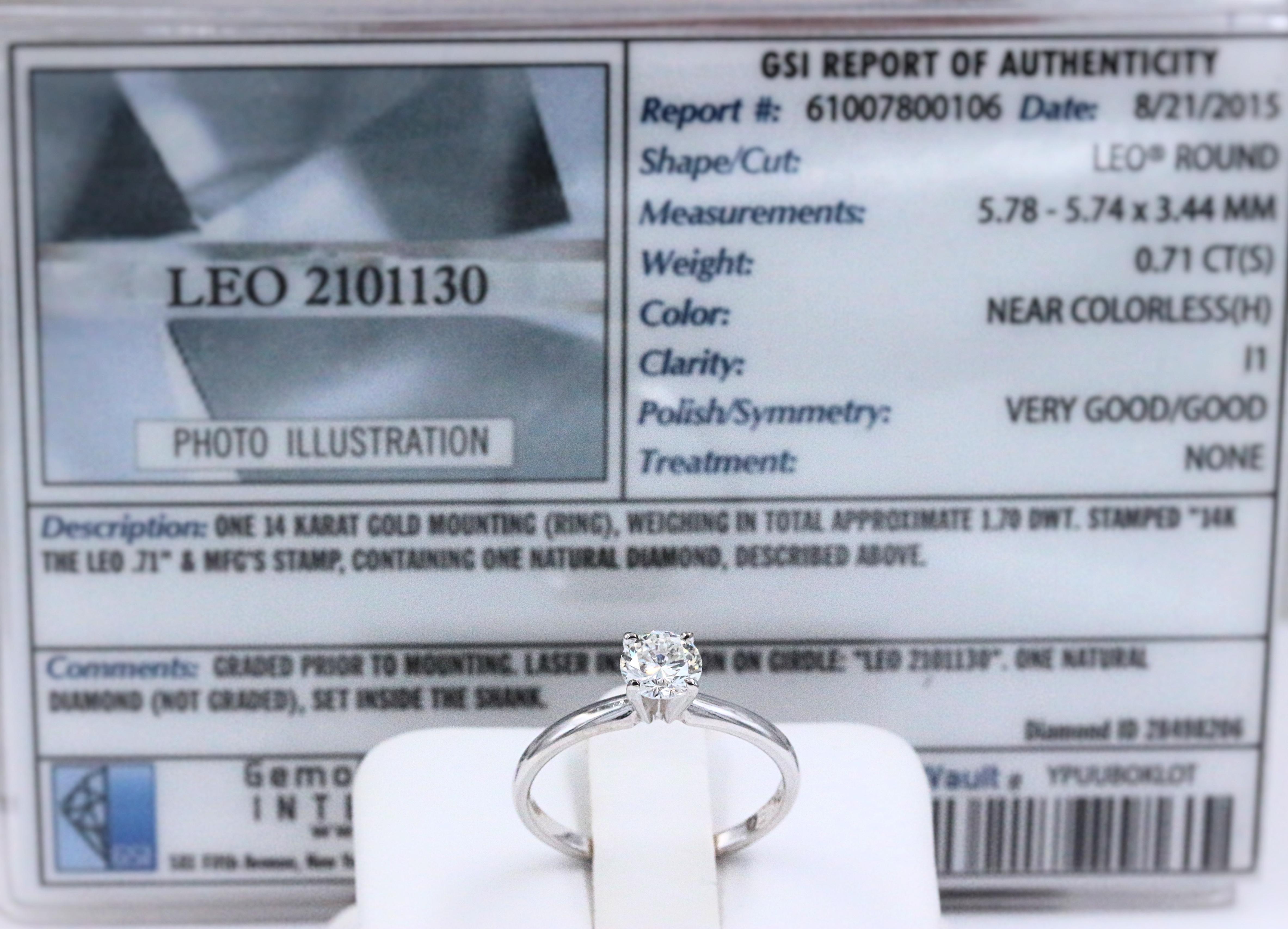 Taille ronde Bague de fiançailles Leo en or blanc 14 carats avec diamants ronds de 0,71 carat H I1, rapport GSI en vente