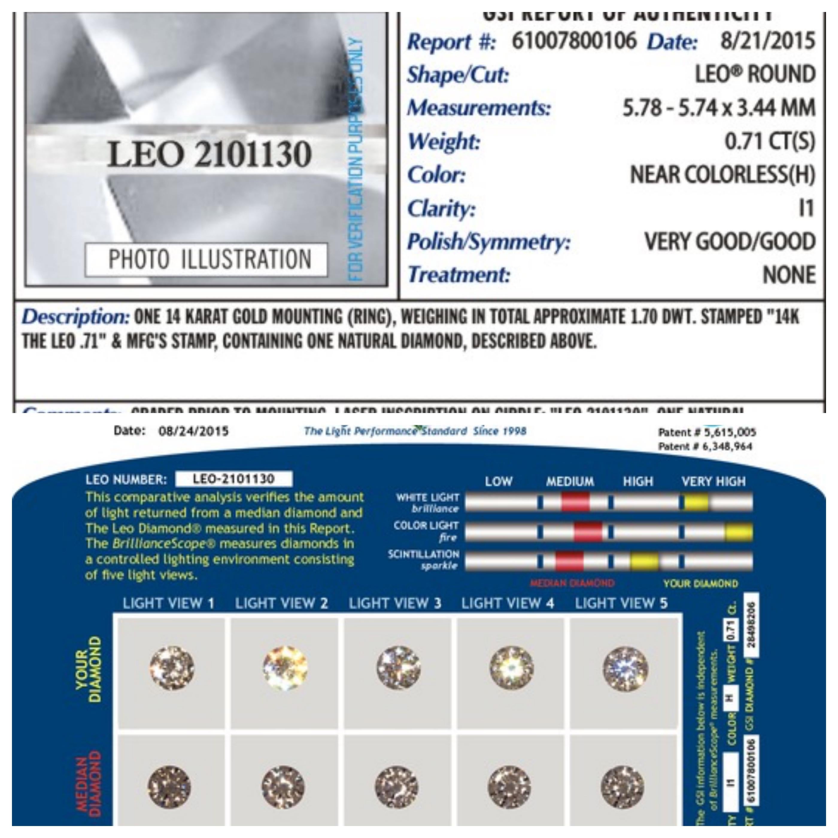 Bague de fiançailles Leo en or blanc 14 carats avec diamants ronds de 0,71 carat H I1, rapport GSI Excellent état - En vente à San Diego, CA