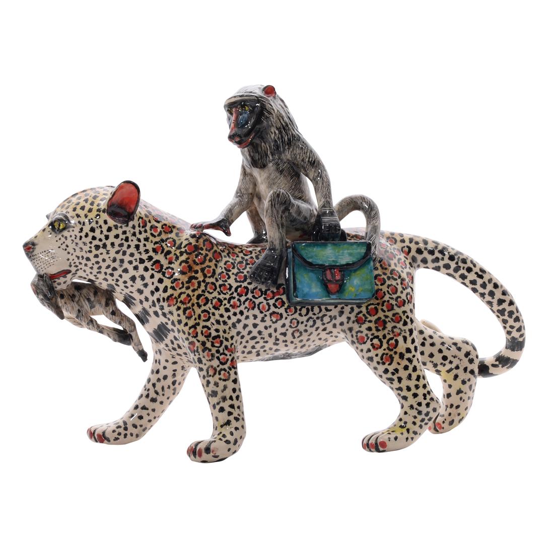 Escultura jinete leopardo y babuino, Mano  fabricado en Sudáfrica Moderno en venta