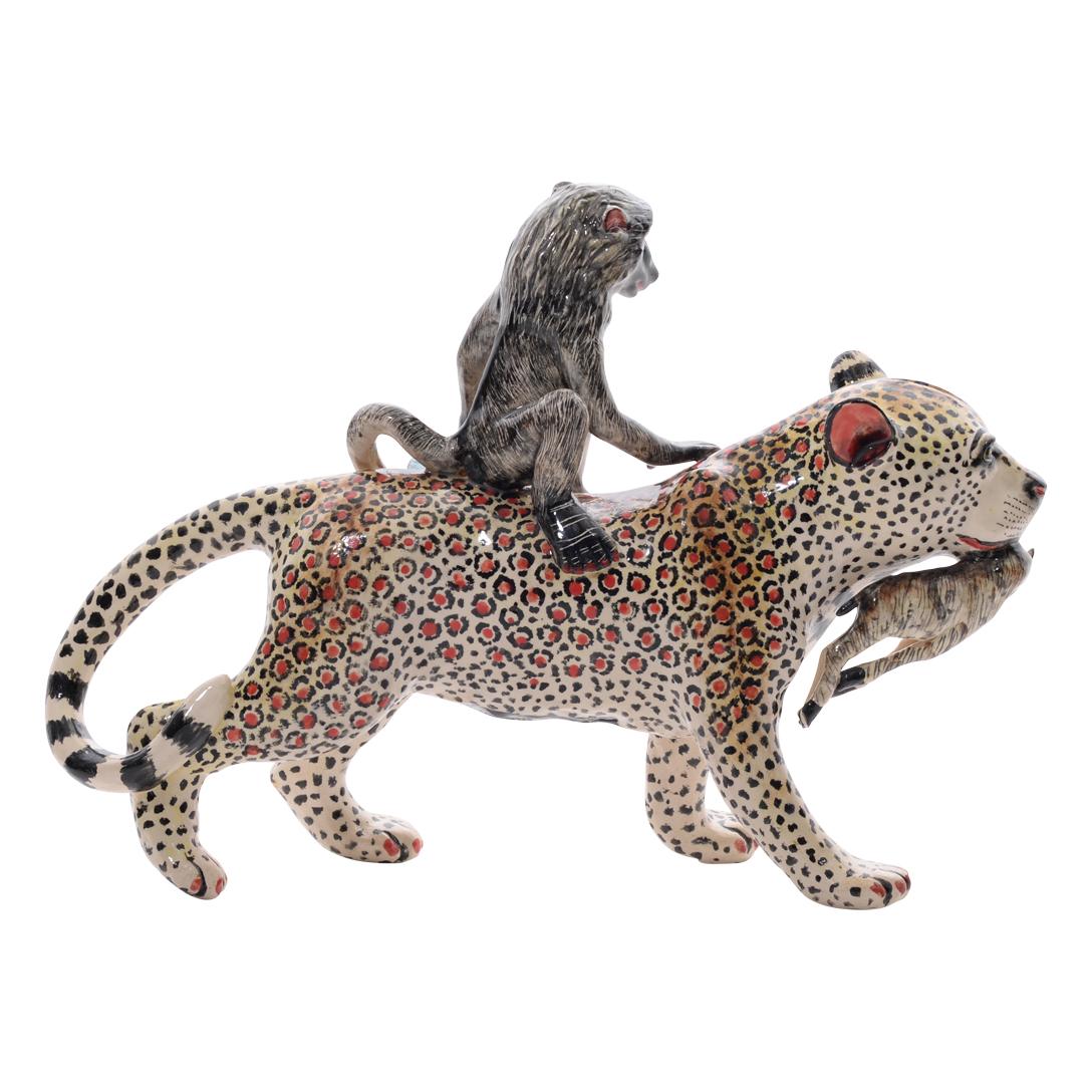 Escultura jinete leopardo y babuino, Mano  fabricado en Sudáfrica Al fuego en venta