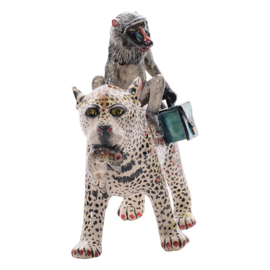 Escultura jinete leopardo y babuino, Mano  fabricado en Sudáfrica Cerámico en venta