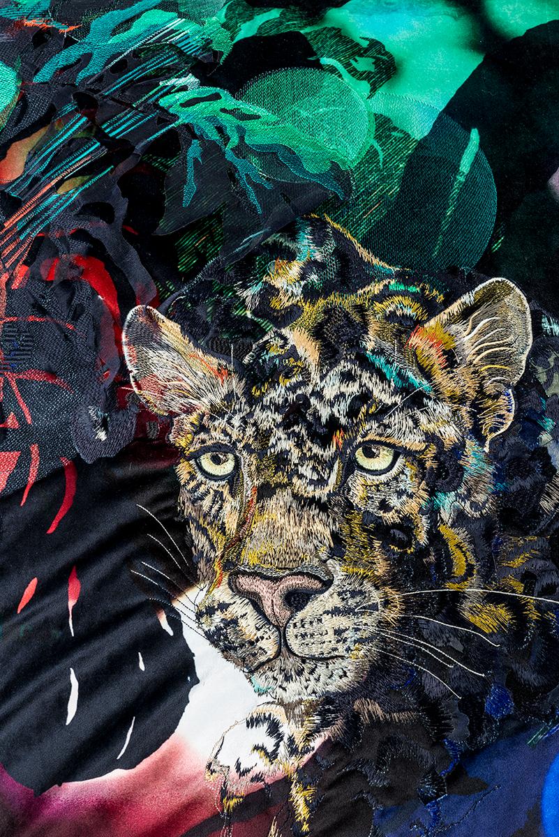 The 'Leopard Floor Cushion' by award-winning, British embroidery artist and designer, Jacky Puzey. This unique piece is lavishly upholstered and piped with digitally embroidered velvet and hand appliqué work. The artist is also available to