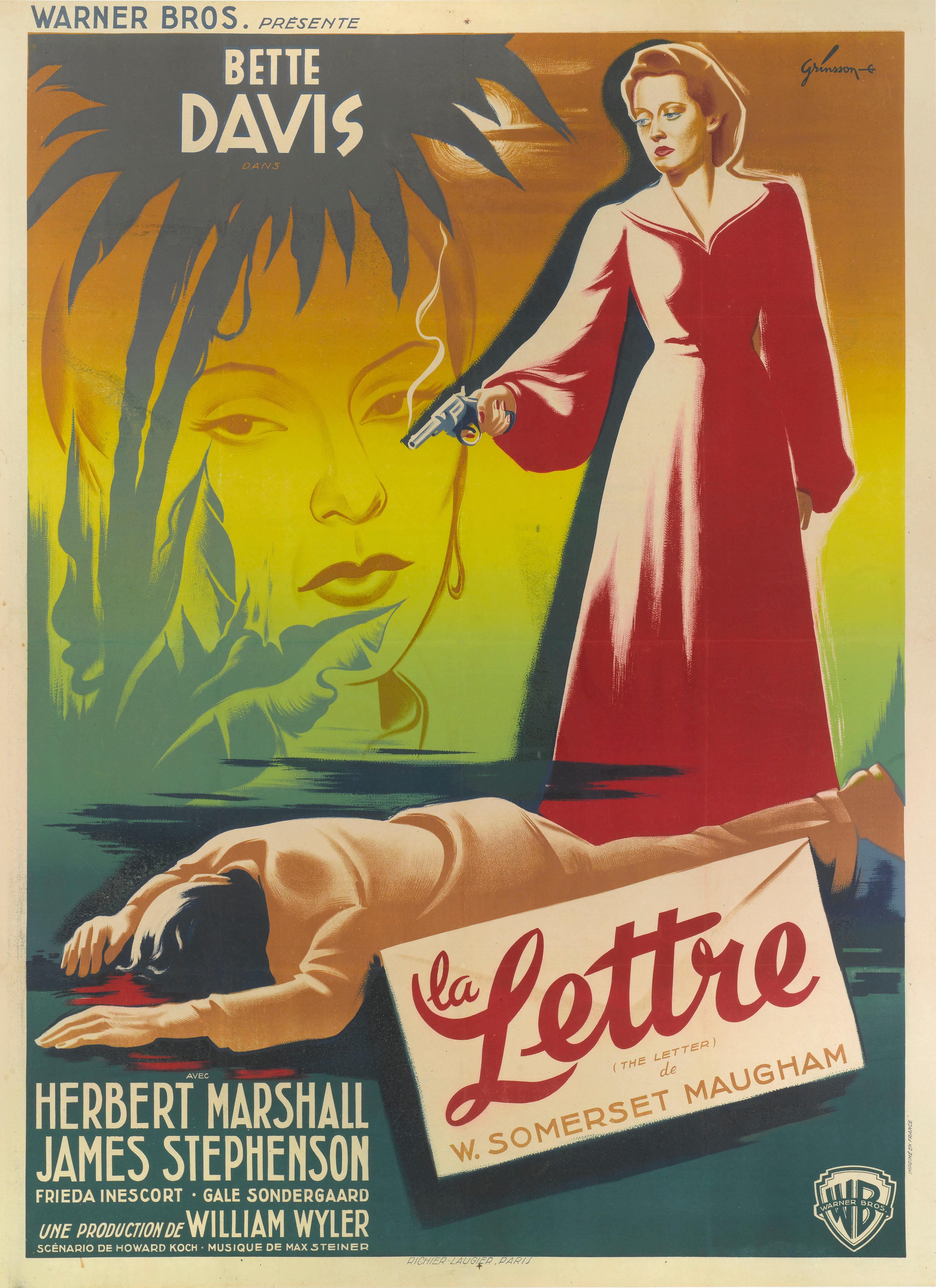 Original French film poster for William Wyler's 1940 Film Noir starring Bette Davis, Herbert Marshall and James Stephenson. The screenplay by Howard E. Koch is based on the 1927 play of the same name by W. Somerset Maugham. This Classic film noir