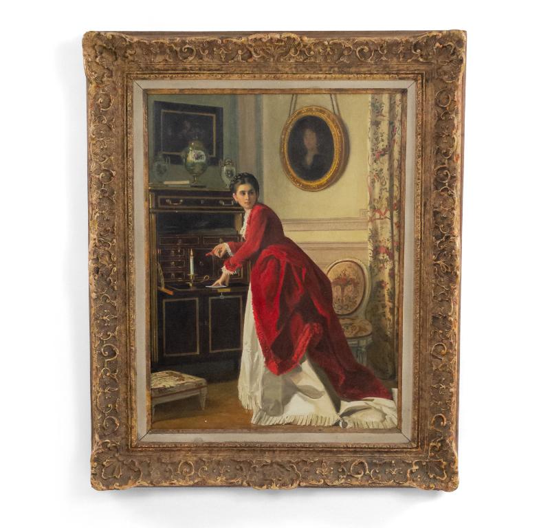 El cuadro de la carta con la mujer de rojo Europeo en venta