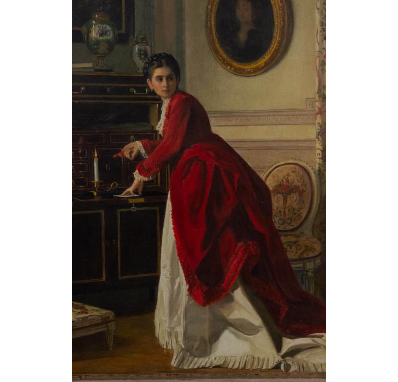 El cuadro de la carta con la mujer de rojo Pintado a mano en venta