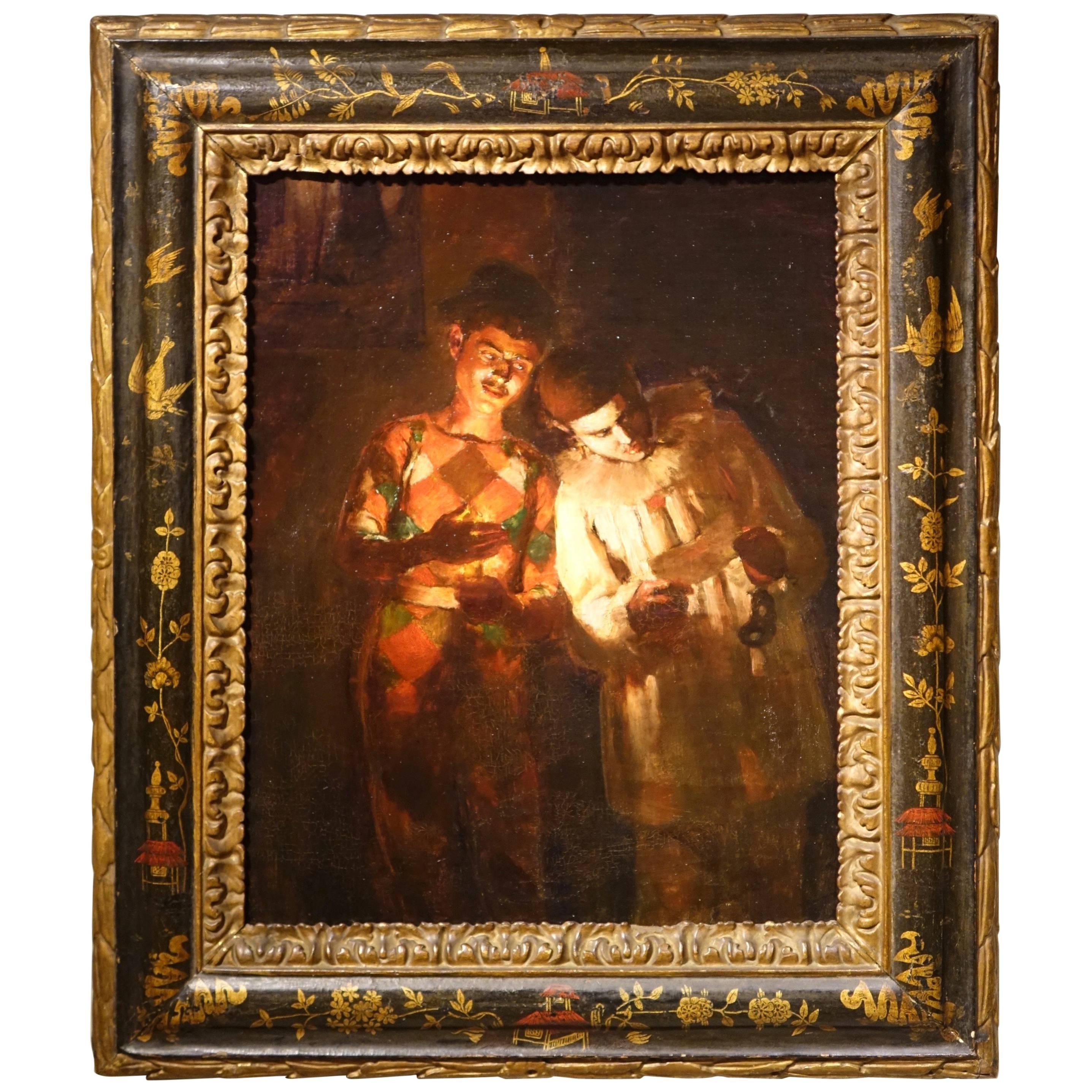 "The Letter to Colombina" Painting Signed  A. de Gouveia,  Oil on Canvas