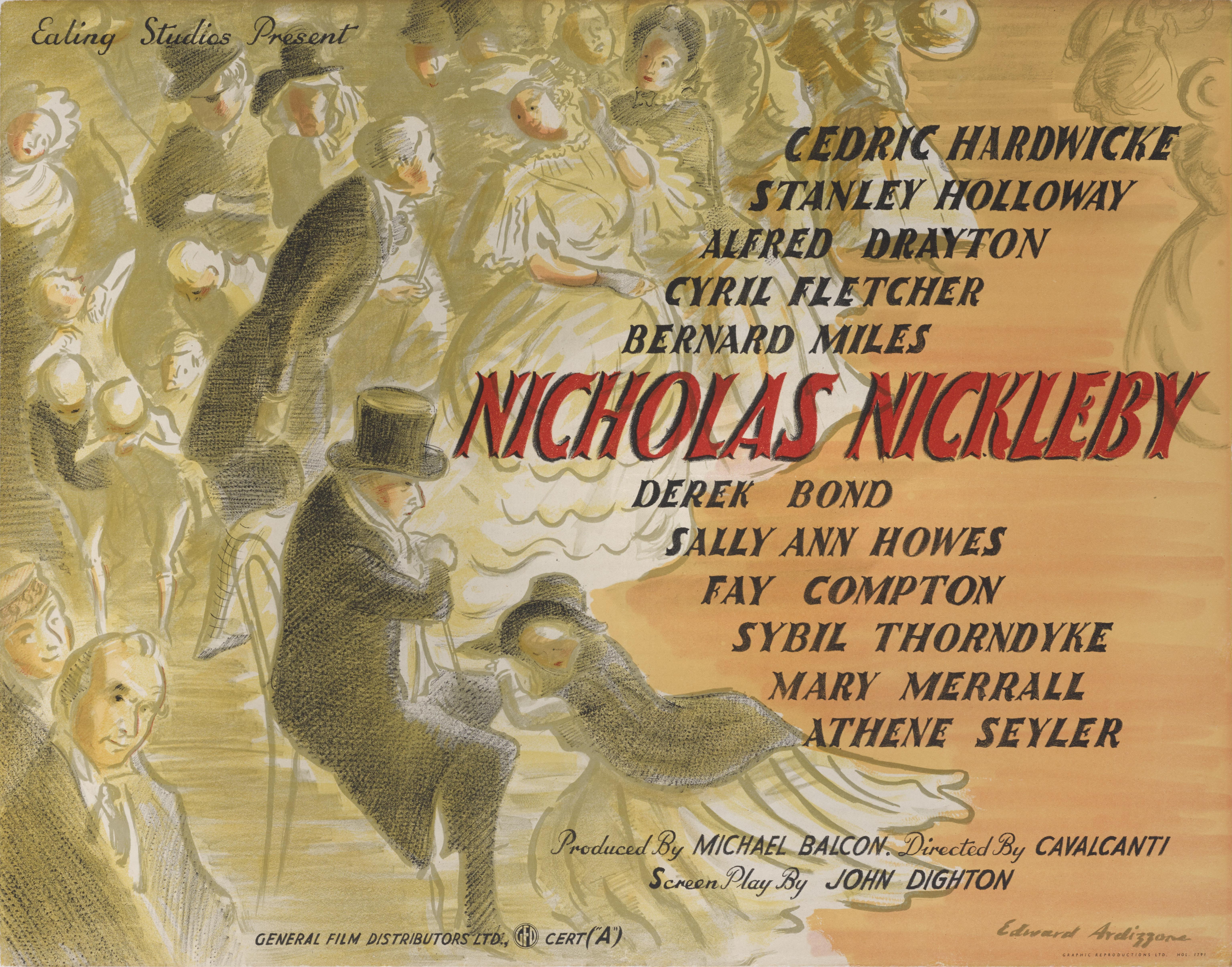 Original British film poster for the 1947 film The Life and Adventures of Nicholas Nickleby.
This British drama was directed by Alberto Cavalcanti, and stars Derek Bond, Cedric Hardwicke and Mary Merrall. The screenplay was based on the novel of