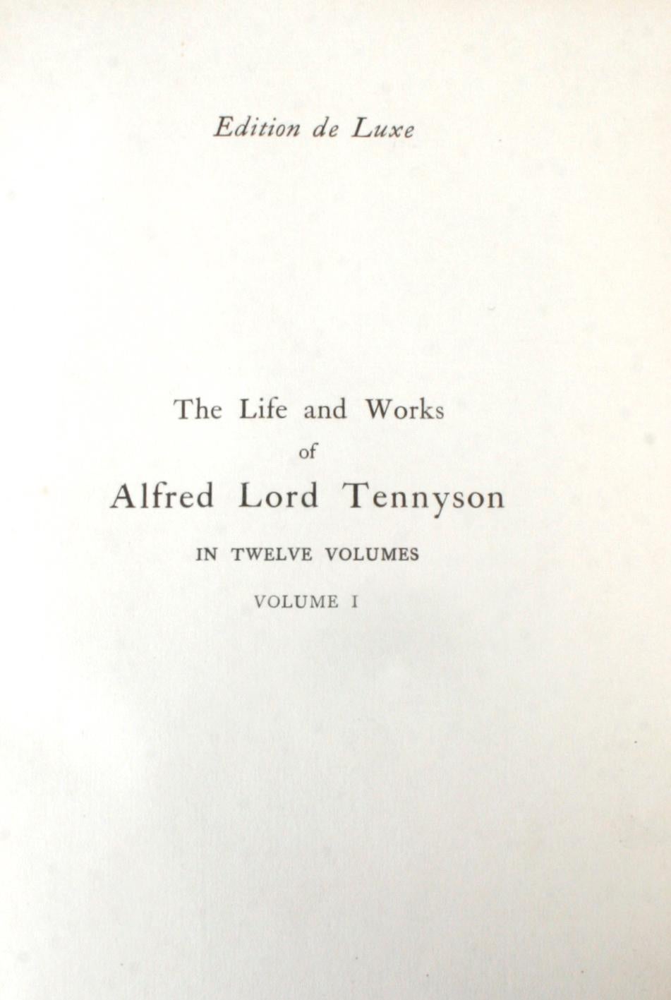 The Life and Works of Alfred Lord Tennyson in Twelve Volumes, Limited Edition. London: MacMillian and Co., Limited, 1898. Moroccan leather and paper bound gilt hardcovers with gilt top edges. A set of 12 antique leather bound books of the works of