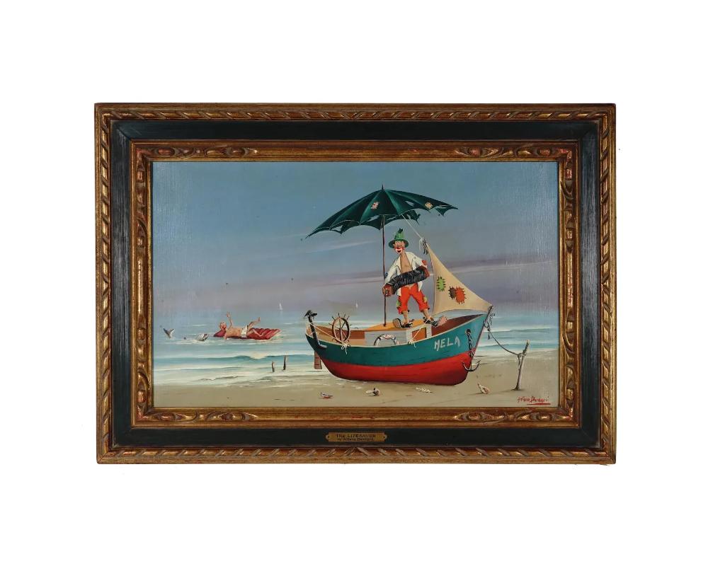 Peinture à l'huile sur toile représentant deux clowns au bord de l'océan avec un bateau nommé Mela, Apple. Signé Alfano Dardari en bas à droite. Titré The Lifesaver sur le cadre. Marque au dos : Tous les droits de reproduction de ce tableau sont
