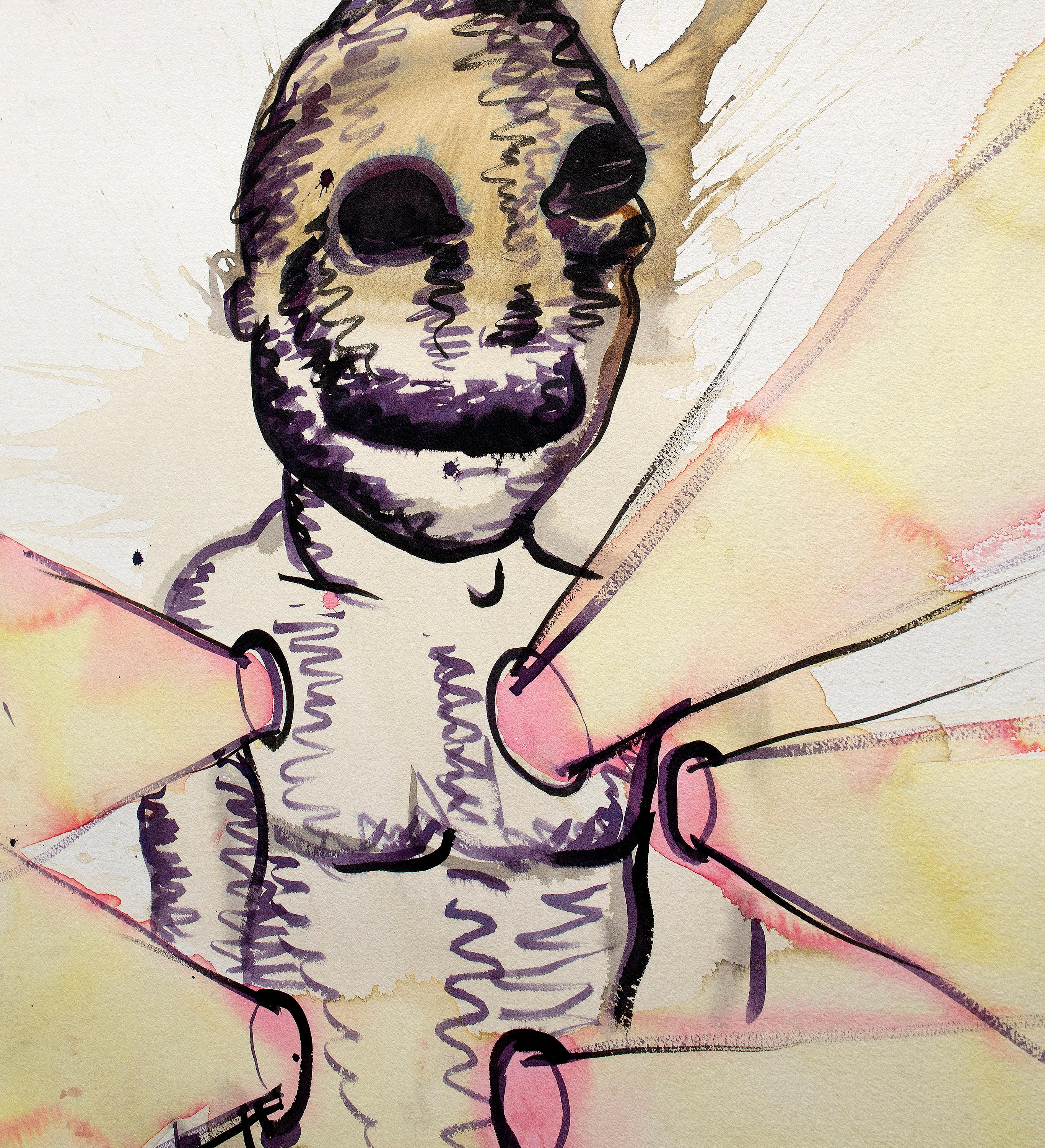 The Lightbulb Man is Bjarne Melgaard’s most acknowledged character. Also the absolutely rarest. The Lightbulb Man is often depicted with holes in its body, with light rays exiting or entering. These can give associations to the stains that can