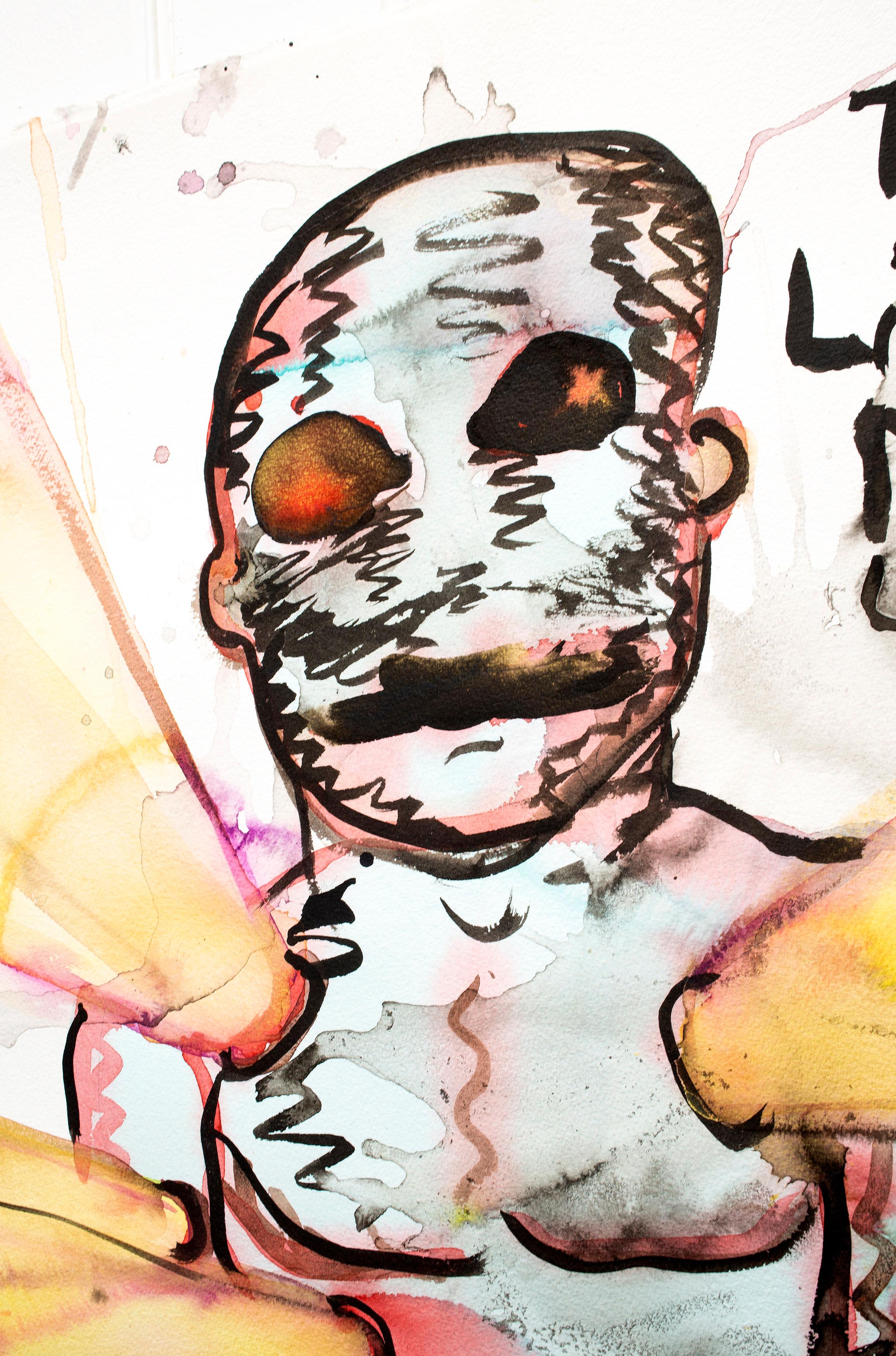 The lightbulb man is Bjarne Melgaard’s most acknowledged character. Also the absolutely rarest. The lightbulb man is often depicted with holes in its body, with light rays exiting or entering. These can give associations to the stains that can