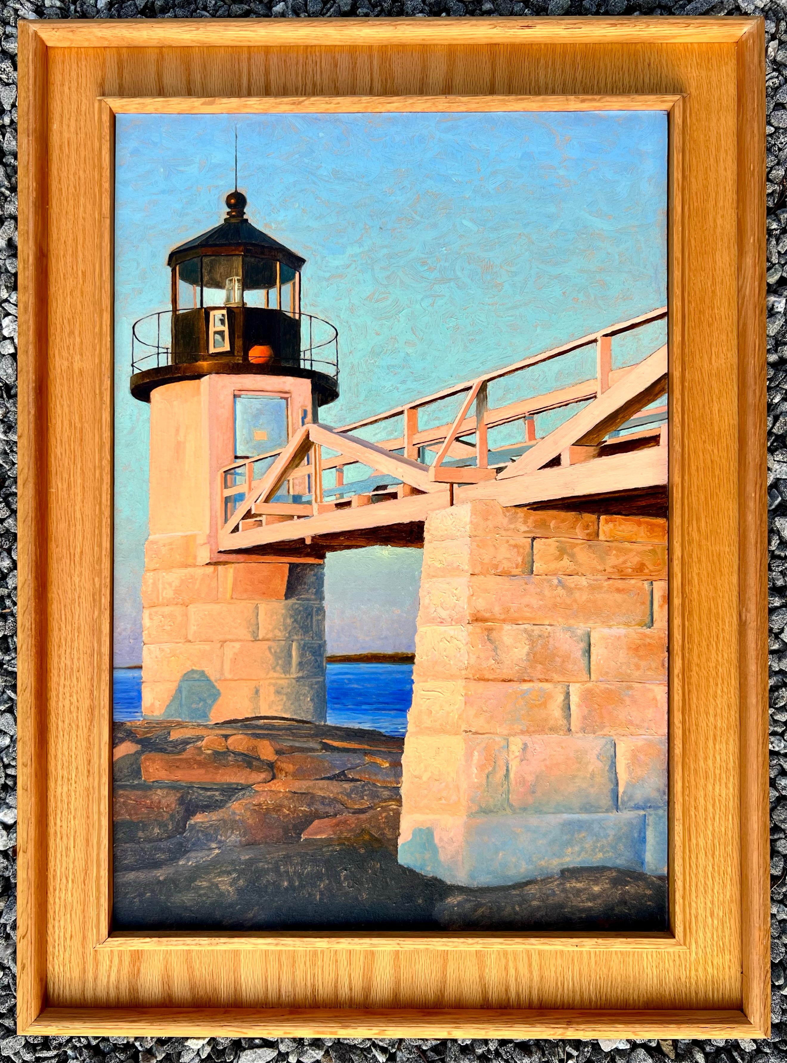 A luminous painting featuring a lighthouse at either sunrise or sunset by Peter Poskas.  Oil on panel signed in the lower right.  The dimensions include the frame.

Prominent 21th Century American landscape artist Peter Poskas has been painting New