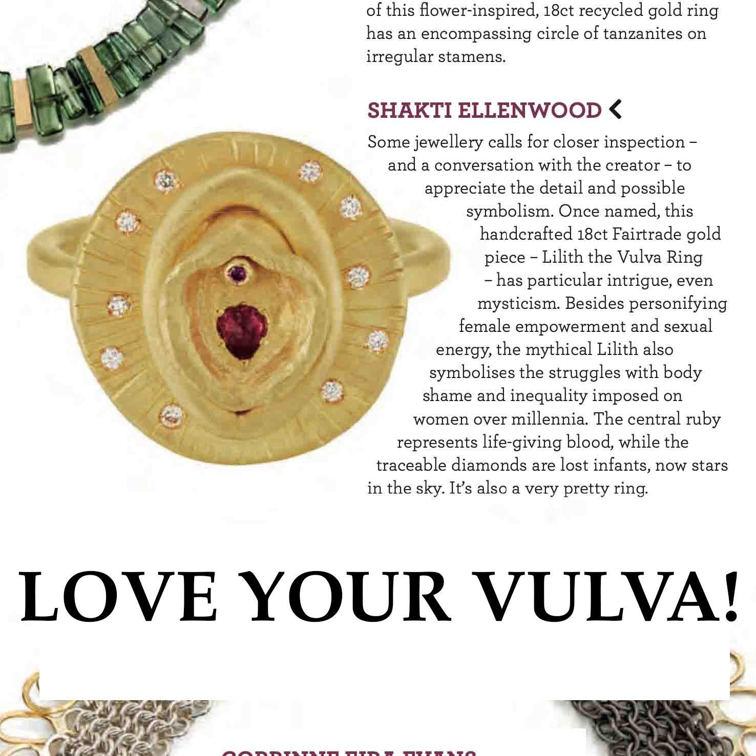 The Lilith Vulva ring is handmade, using the ancient art of chasing, with 18ct Fairmined gold , traceable CanadaMark diamonds and a 0.07 carat ruby pear.

Chasing is manipulating flat sheets of gold with hammers and steel punches to create a shape.