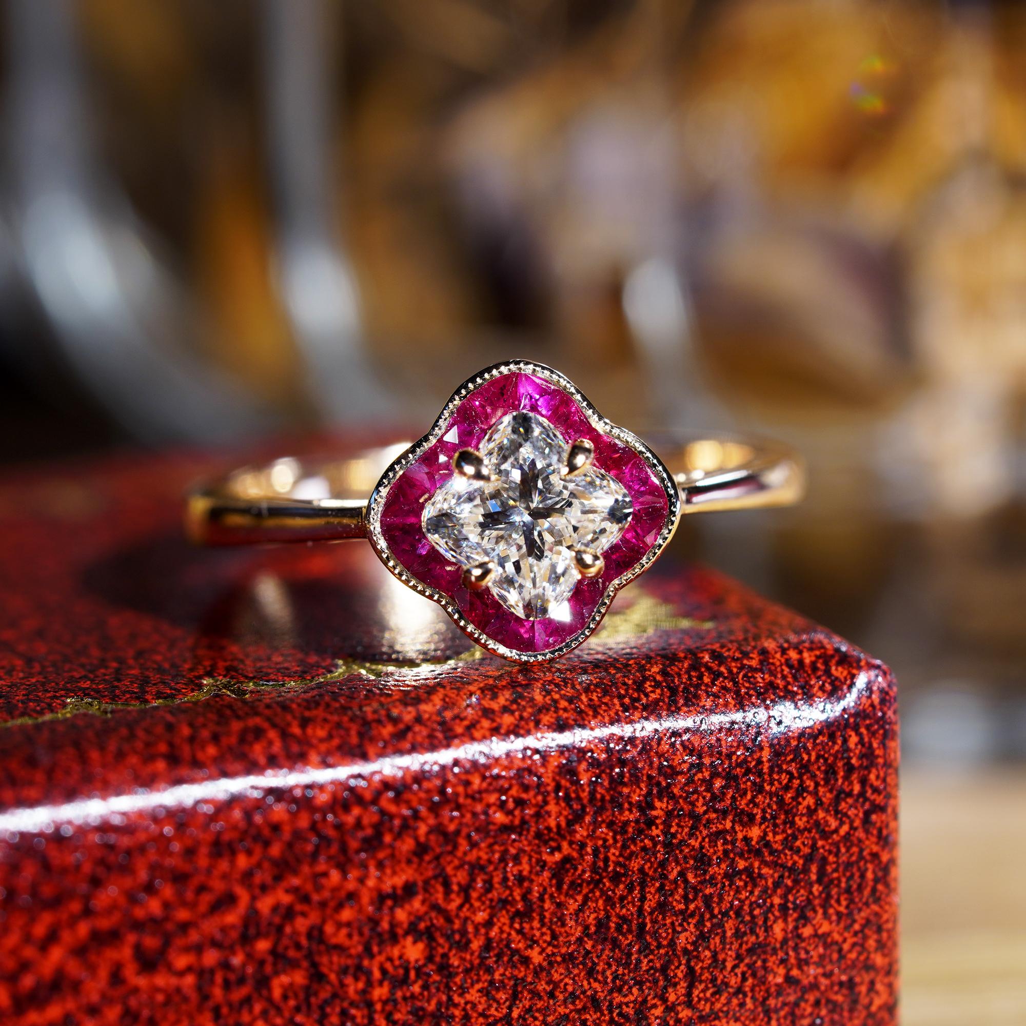 Art Deco The Lilly Signature GIA Diamond and Ruby Engagement Ring in 18K Rose Gold For Sale