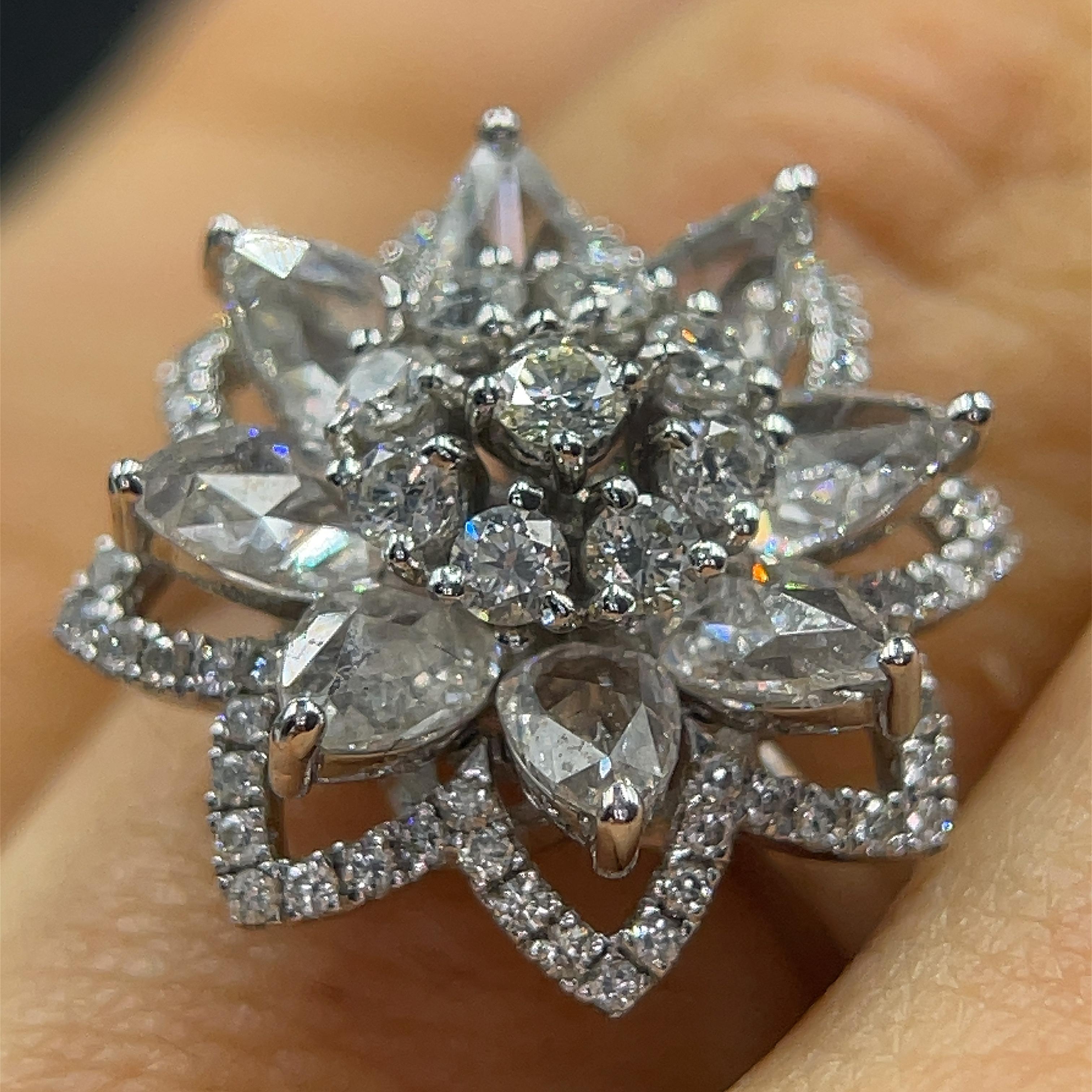 The Lilotus Ring - 1.45 Carat Rose Cut 0.43 Carat Round Diamond 18K White Gold For Sale 5