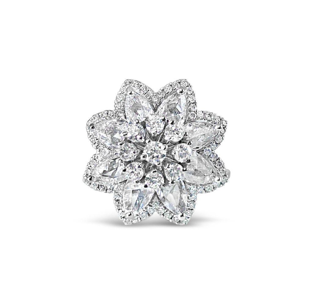 Modern The Lilotus Ring - 1.45 Carat Rose Cut 0.43 Carat Round Diamond 18K White Gold For Sale