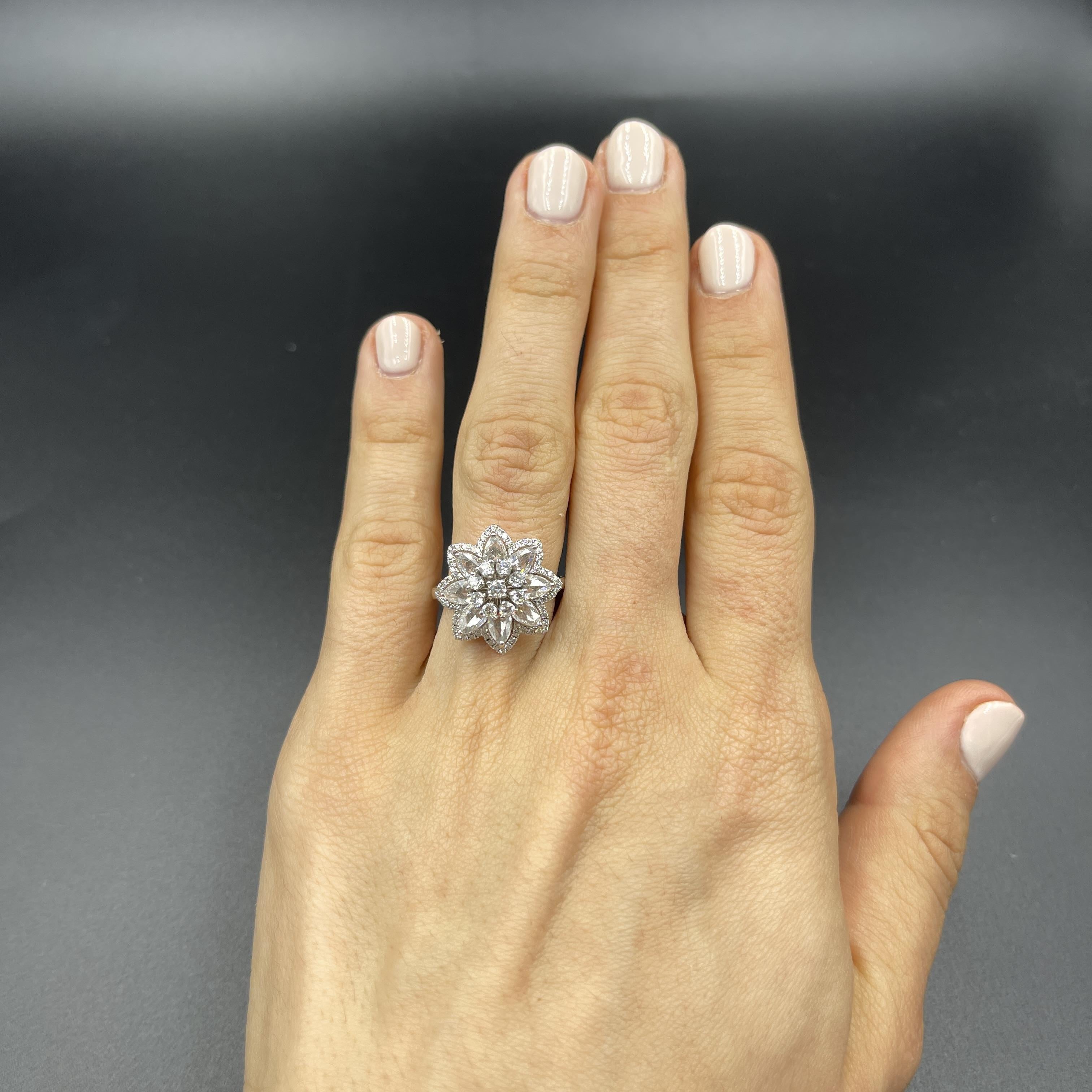 The Lilotus Ring - 1.45 Carat Rose Cut 0.43 Carat Round Diamond 18K White Gold For Sale 1